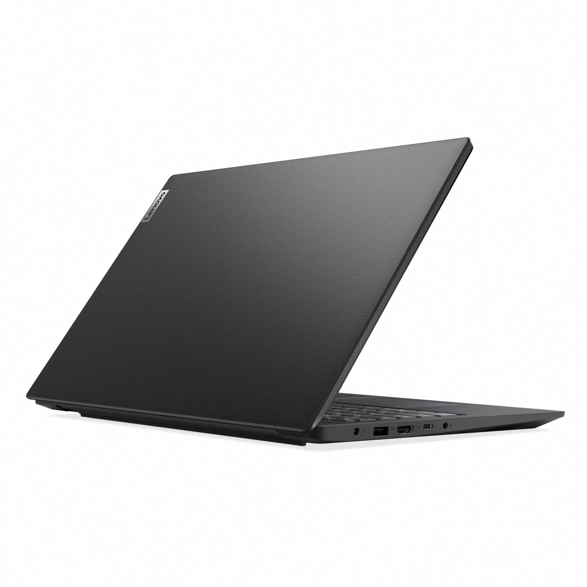 Siyah Lenovo dizüstü bilgisayar hafifçe açık. Ekran dokulu. Arka plan beyaz.