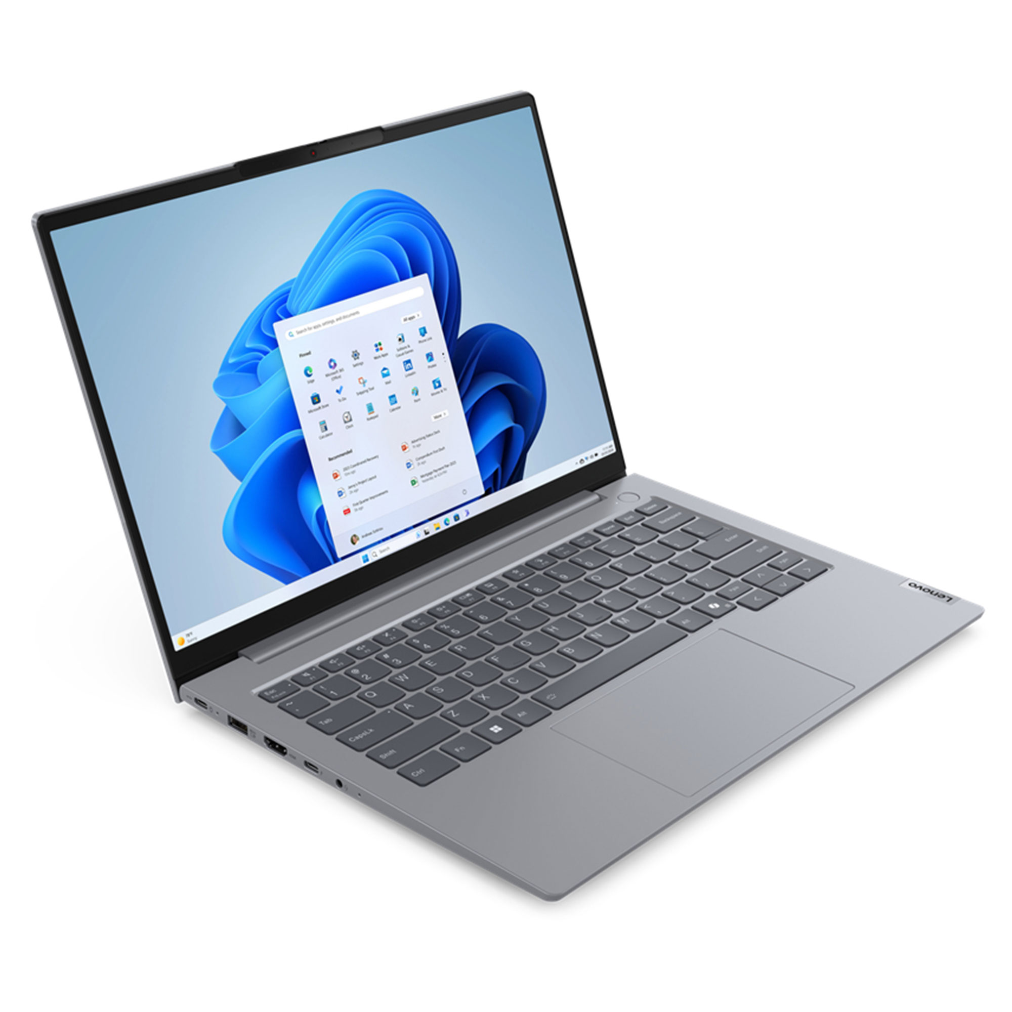 Gri bir Lenovo dizüstü bilgisayar açık, simgeler ve mavi soyut bir arka plan ile Windows 11 arayüzünü gösteriyor.