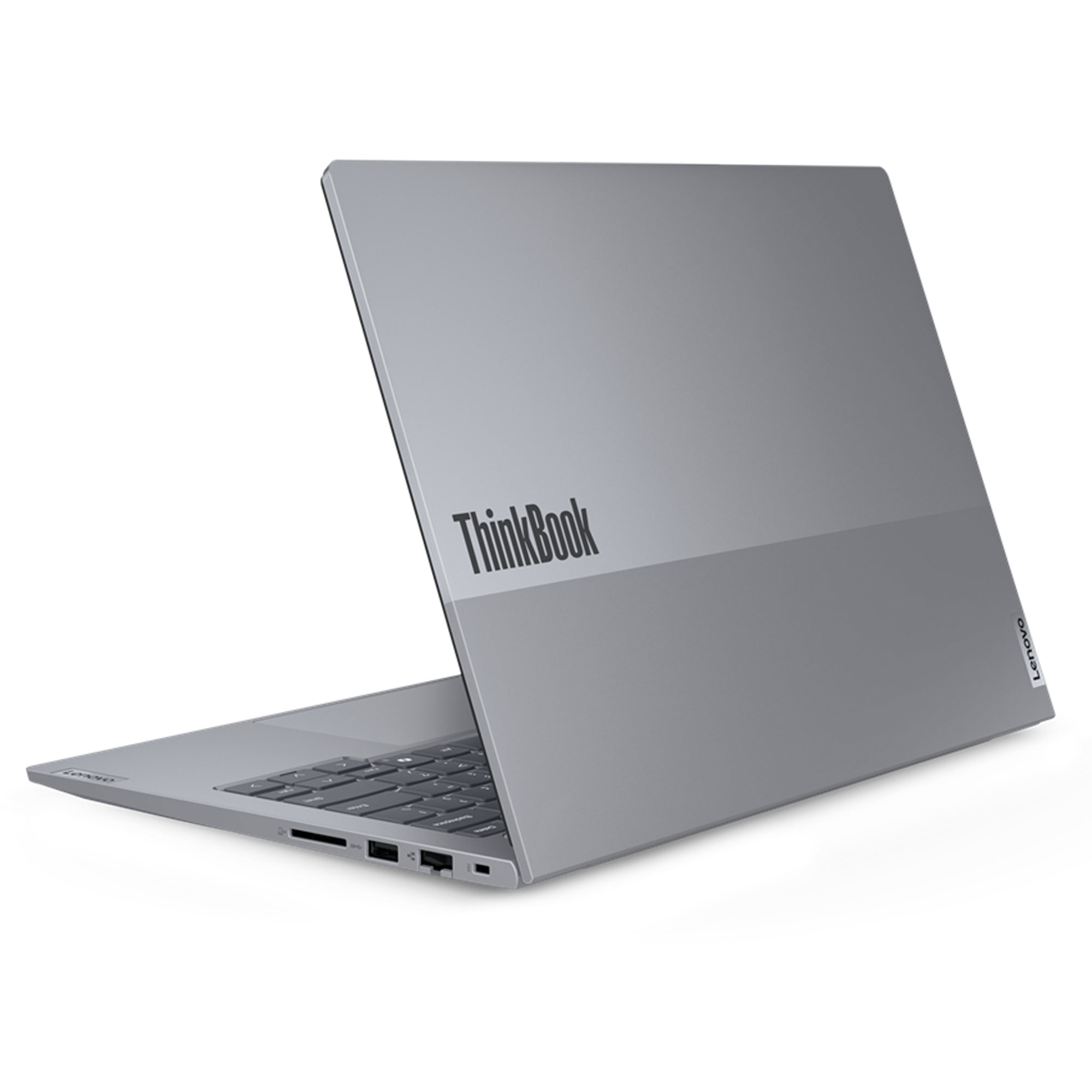 Gri bir Lenovo ThinkBook dizüstü bilgisayar hafifçe açık. ThinkBook logosu kapakta görülebilir.