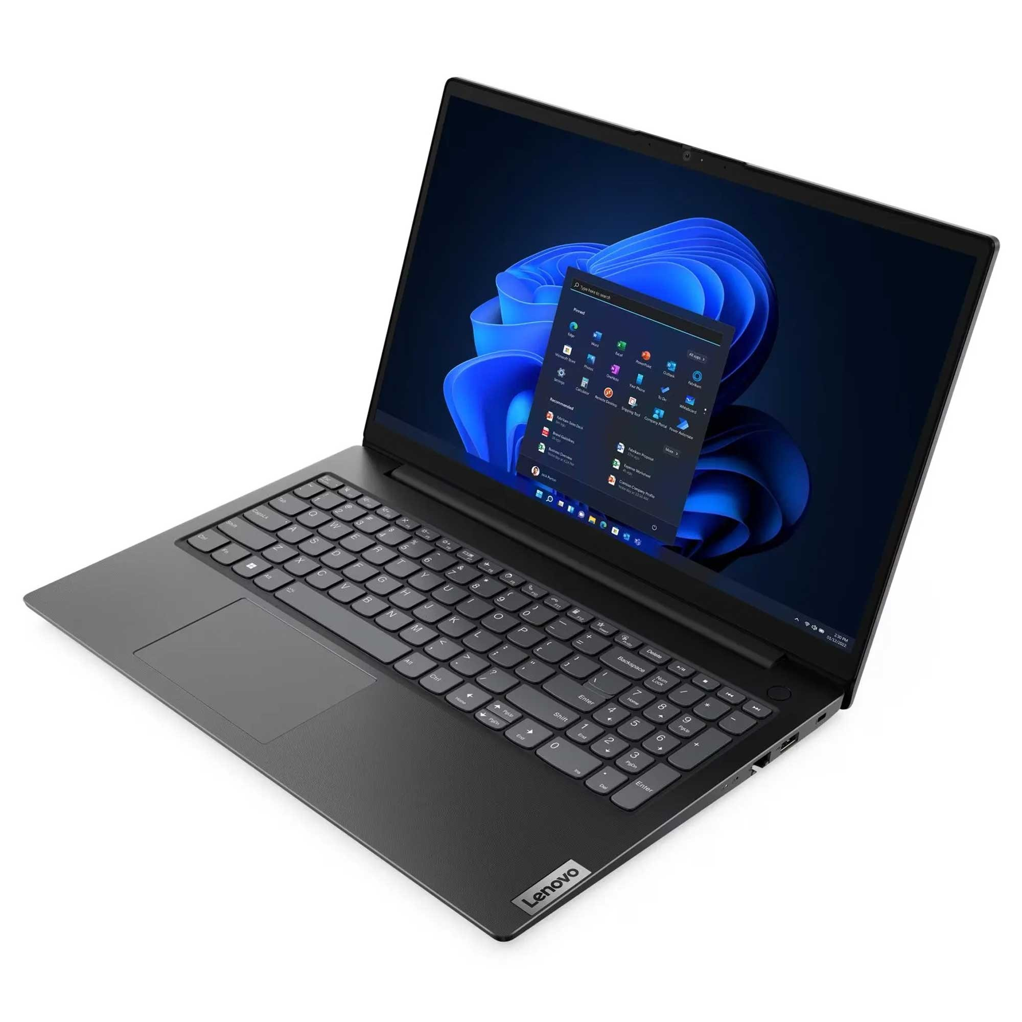 Bir Lenovo dizüstü bilgisayarı Windows 11 arayüzünü görüntülüyor. Ekran, mavi soyut arka planlı uygulama simgelerini gösteriyor.