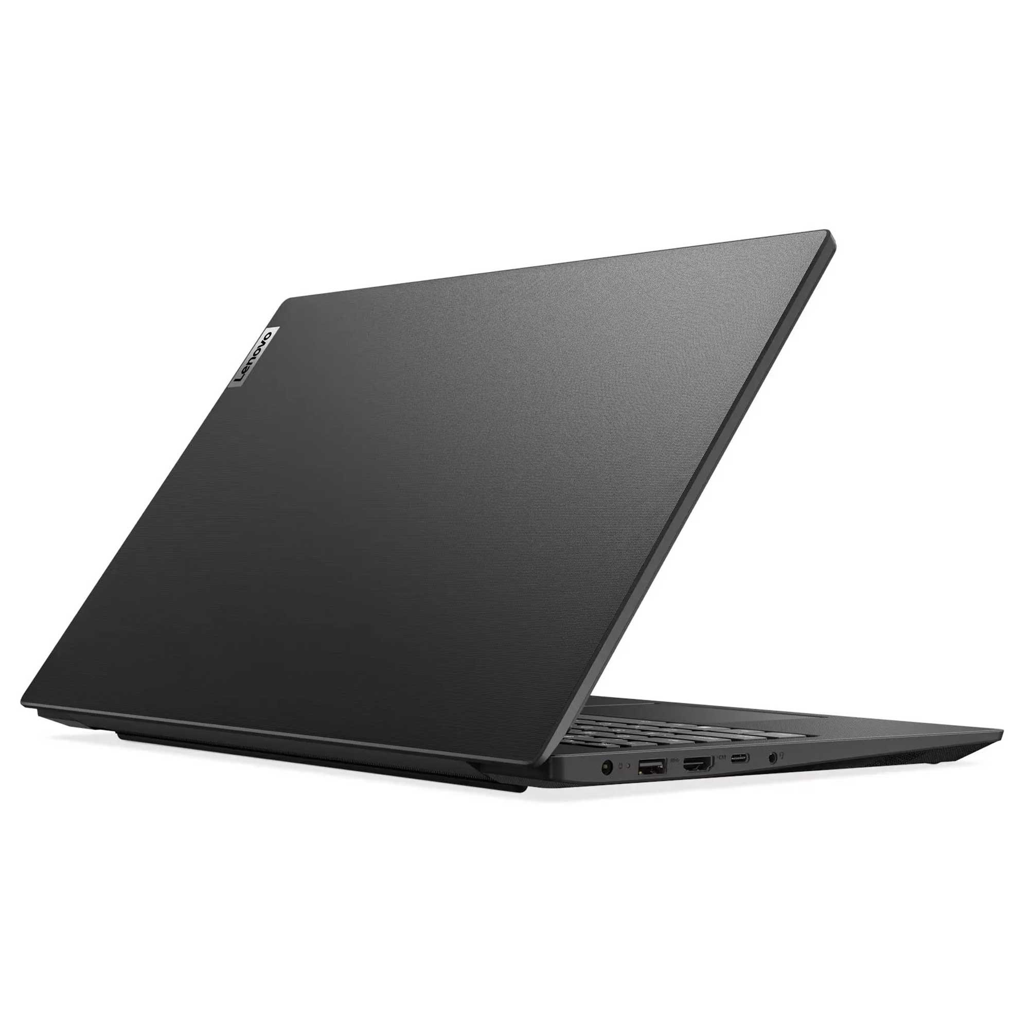 Siyah Lenovo dizüstü bilgisayar hafifçe açık. Ekran ve gövde siyahtır. Dizüstü bilgisayar beyaz bir arka plan üzerinde.