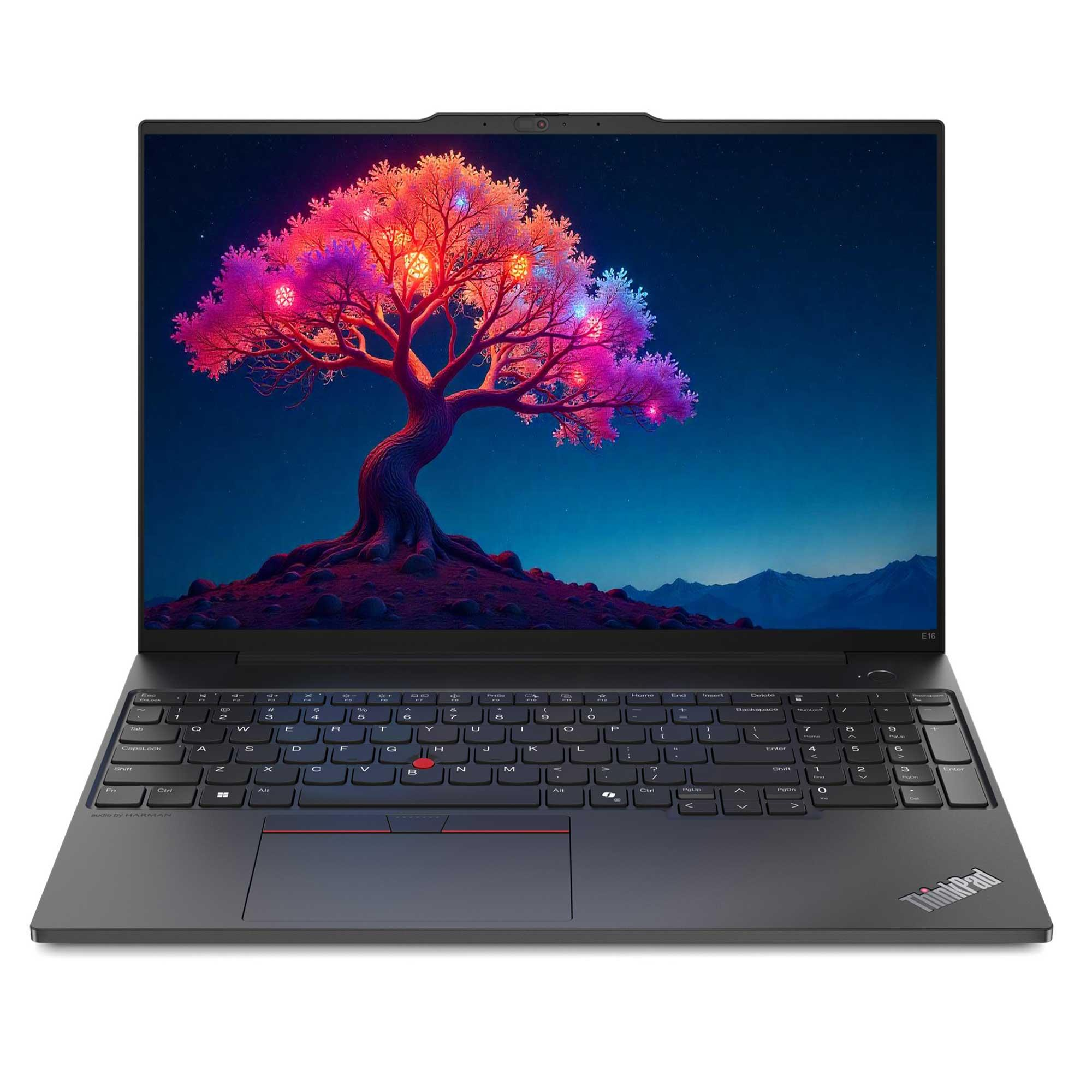 Ekranda canlı bir ağaç bulunan dizüstü bilgisayar. Klavye görünür. Koyu gri gövde. ThinkPad logosu. Koyu mavi gökyüzü.