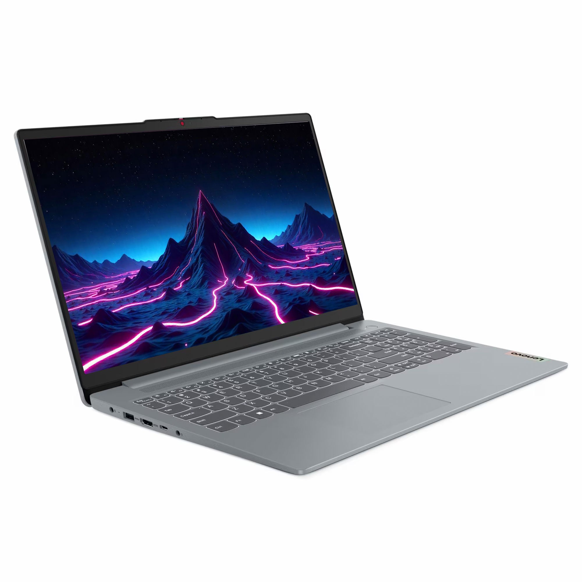 Gri bir Lenovo dizüstü bilgisayar açık, ekranda neon pembe ışıklarla bir dağ sahnesi gösteriyor.