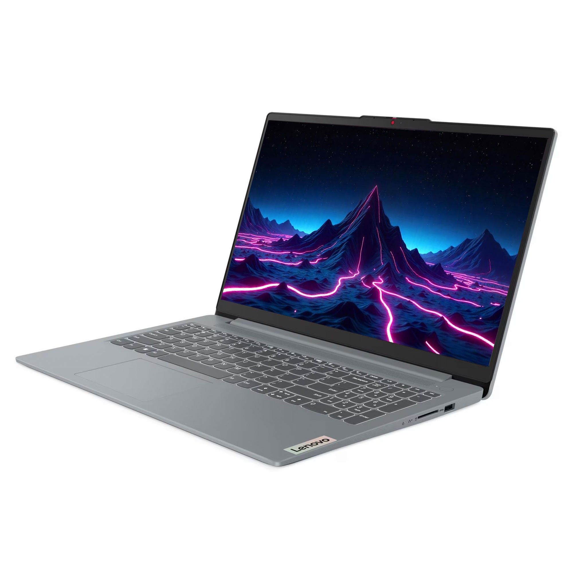 Gri bir Lenovo dizüstü bilgisayar açık, ekranında neon dağ sahnesi gösteriyor. Beyaz zemin.