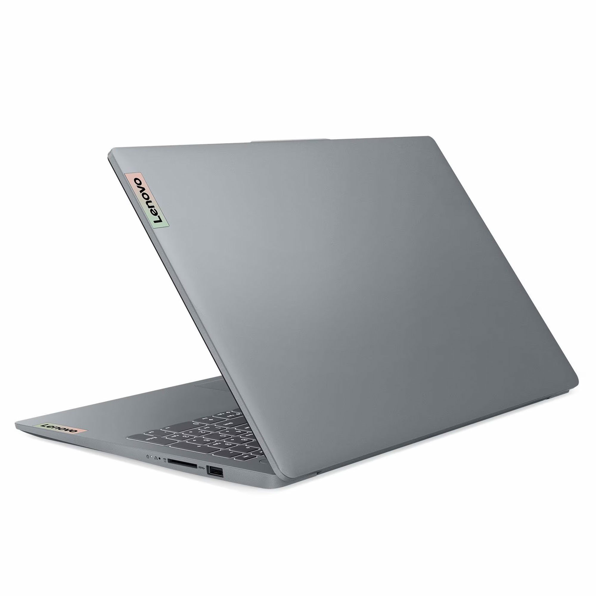 Gri bir Lenovo dizüstü bilgisayar açık. Ekran yukarı kaldırılmış. Klavye görünür durumda.