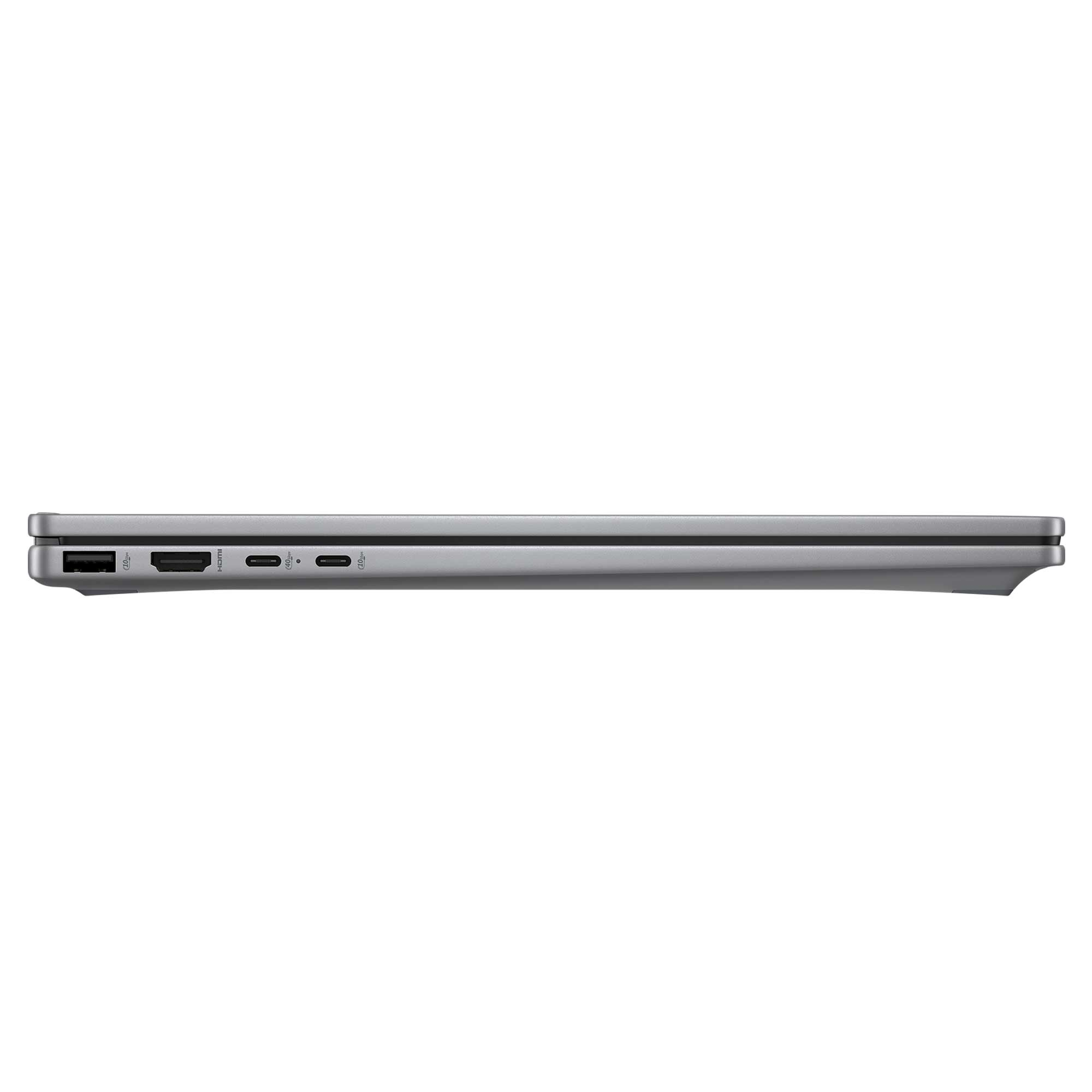 Gümüş bir dizüstü bilgisayarın yan görünümü. Görünür bağlantı noktaları USB, HDMI ve USB-C'dir. Dizüstü kapalı.