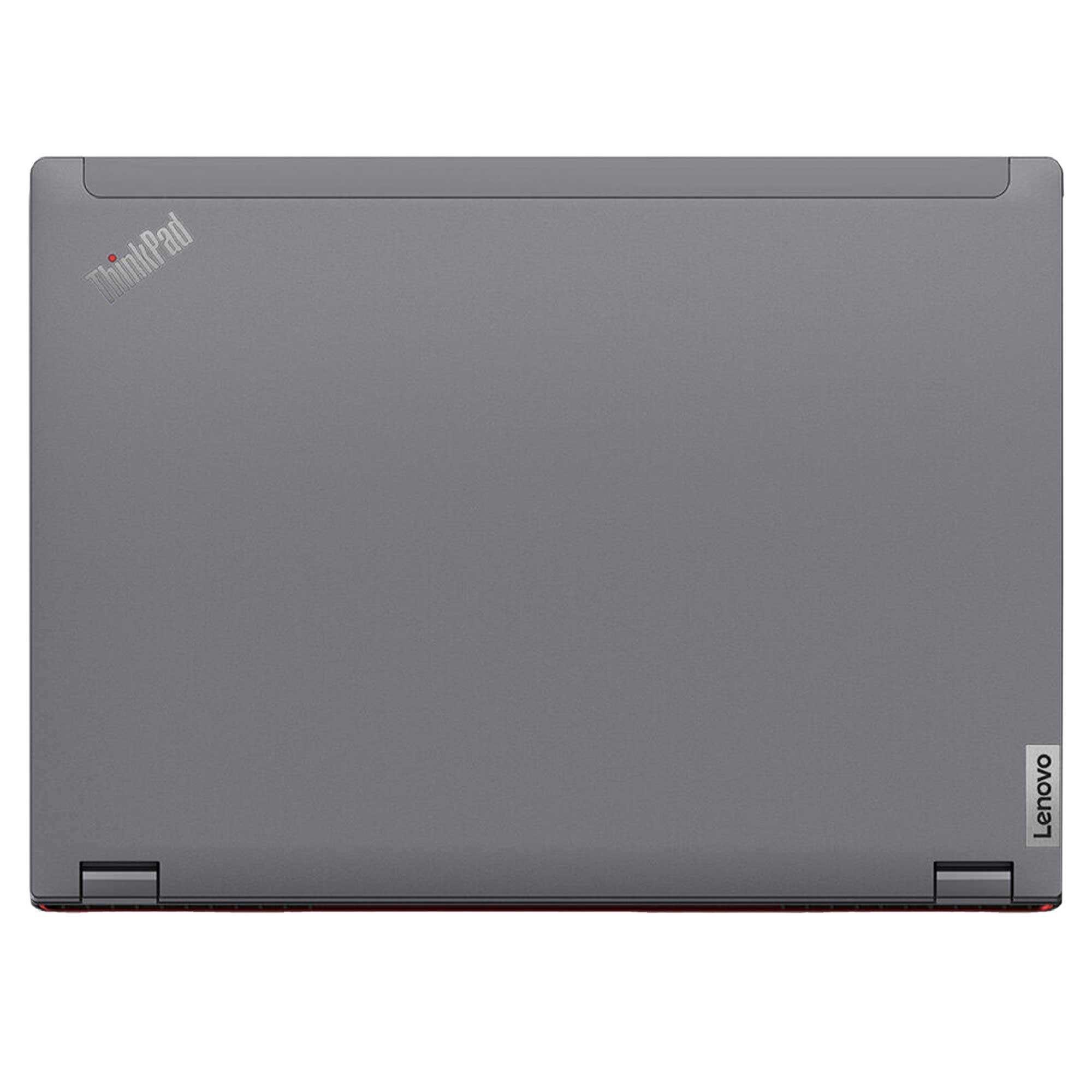 Gri Lenovo ThinkPad laptop, üstten görünüm. Sol üstte ThinkPad logosu, sağda Lenovo logosu.