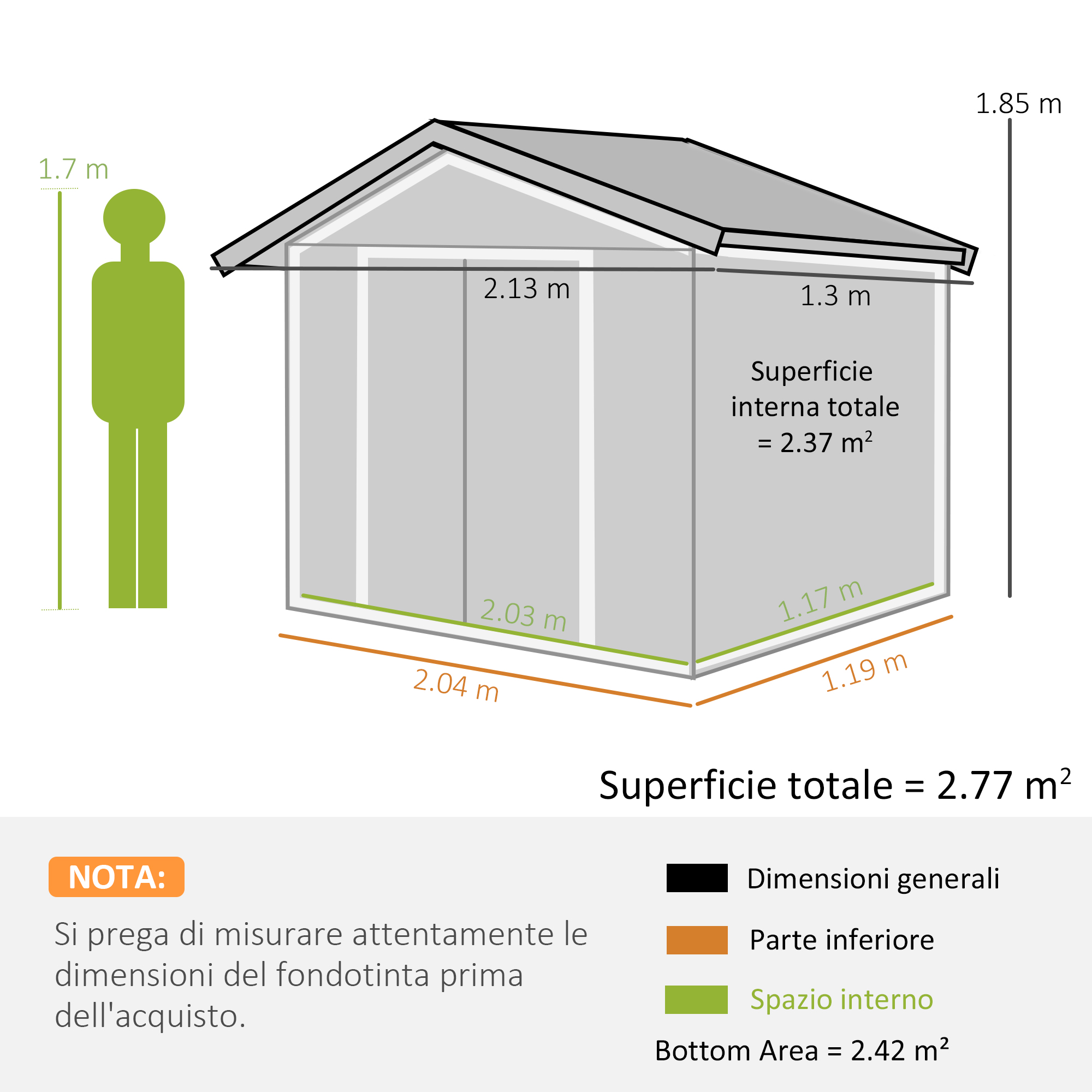 Diagramma di un piccolo capannone con dimensioni in metri. Include un'icona di persona verde ed etichette di testo.