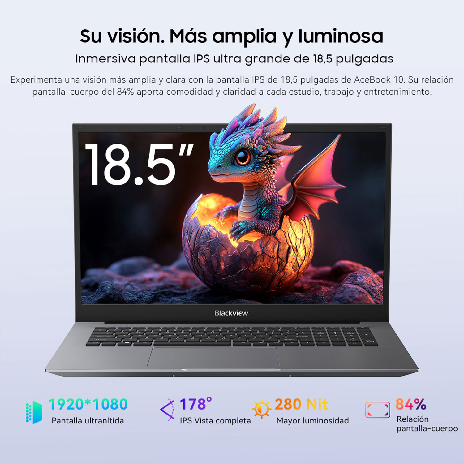 Un portátil con una imagen de dragón en la pantalla. Tiene una pantalla grande y las especificaciones también se muestran abajo.