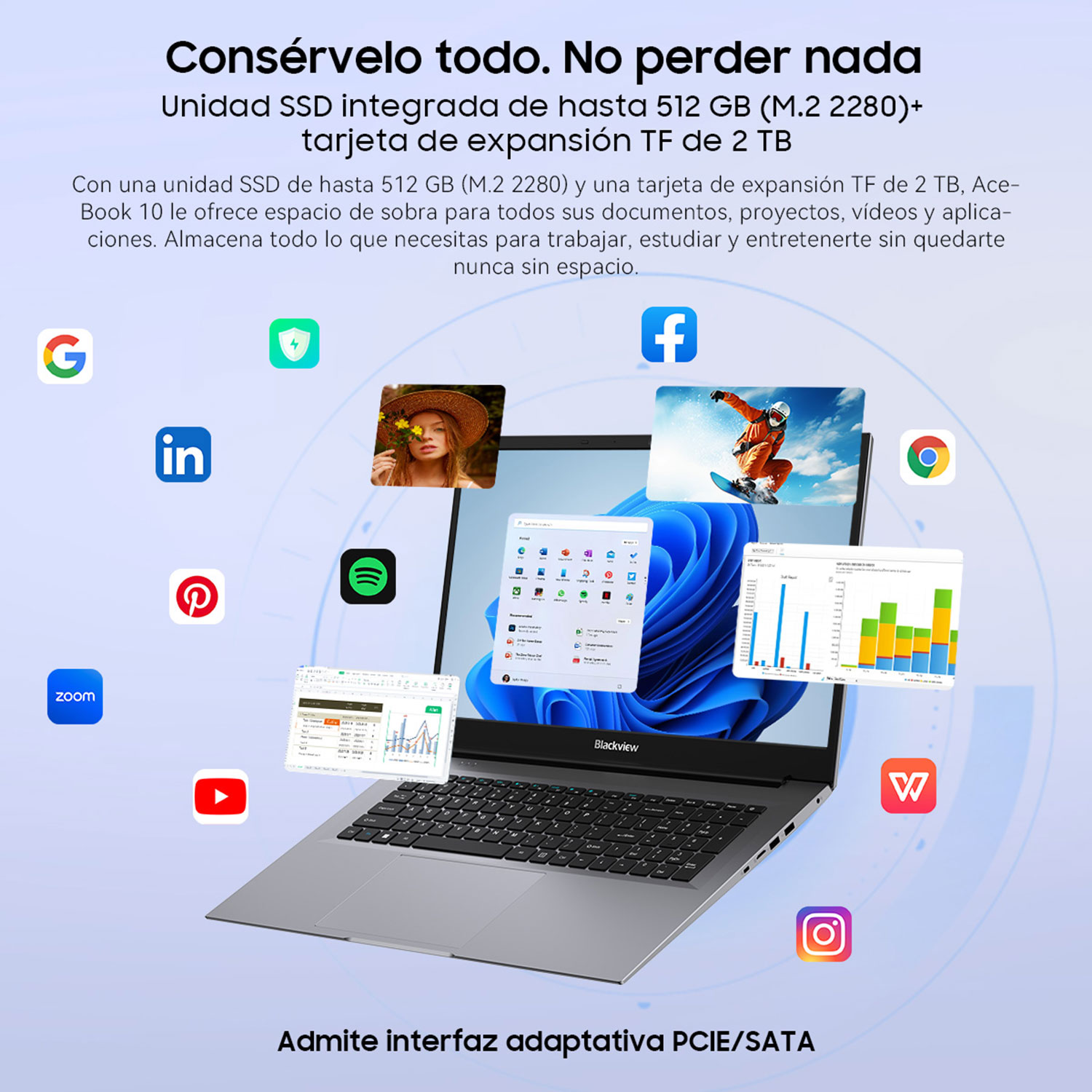 Portátil con pantalla de Windows abierta, rodeado de iconos de aplicaciones. Texto en español, promoviendo capacidad de almacenamiento y funciones.