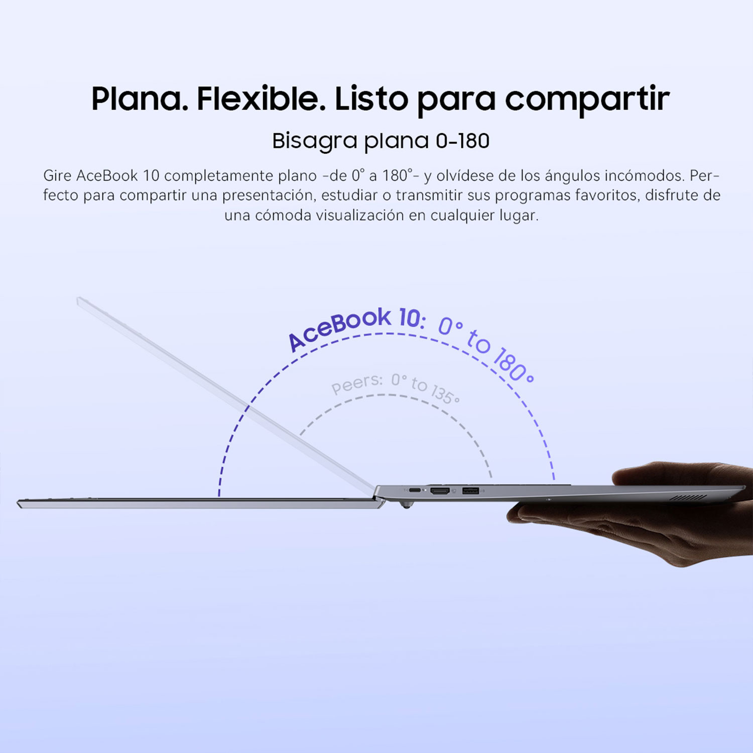 Se muestra una computadora portátil abierta en un ángulo de 180 grados, con texto que describe su flexibilidad.