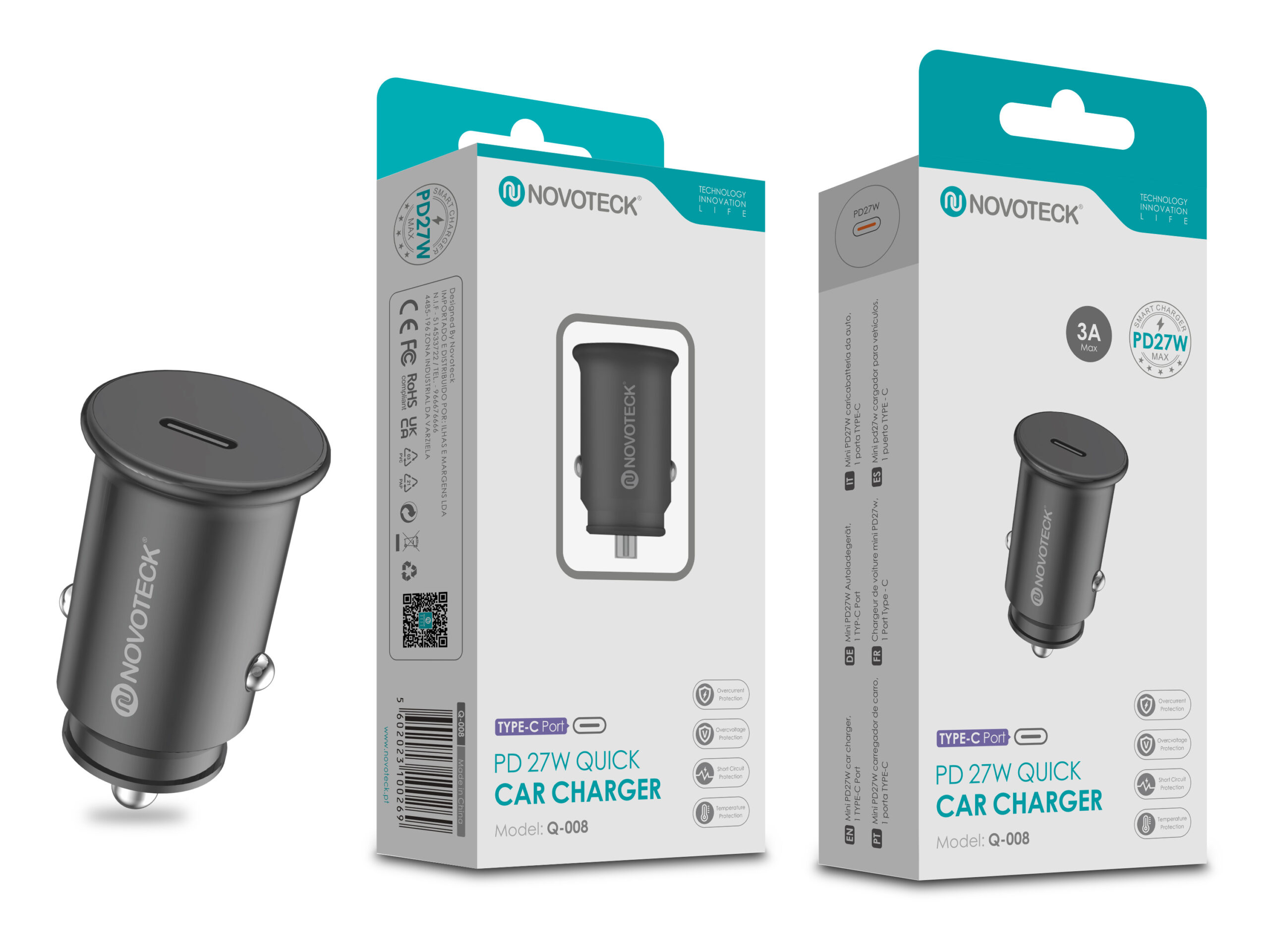 La imagen muestra un cargador de coche negro, su caja y un logotipo. El texto dice 'PD27W Quick Car Charger'.