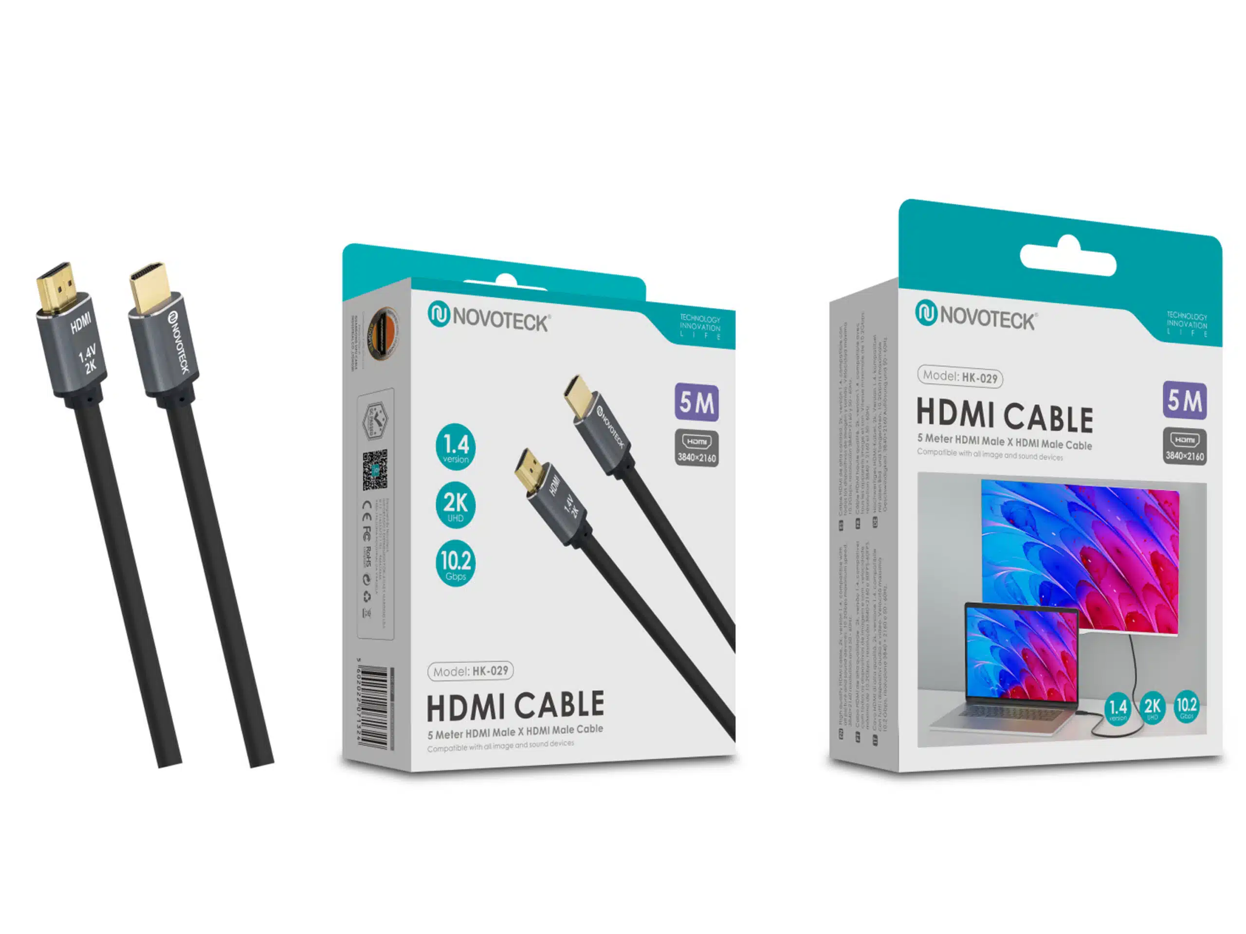Cables HDMI y embalaje. Los cables son negros, los conectores dorados. Las cajas muestran especificaciones y marca.