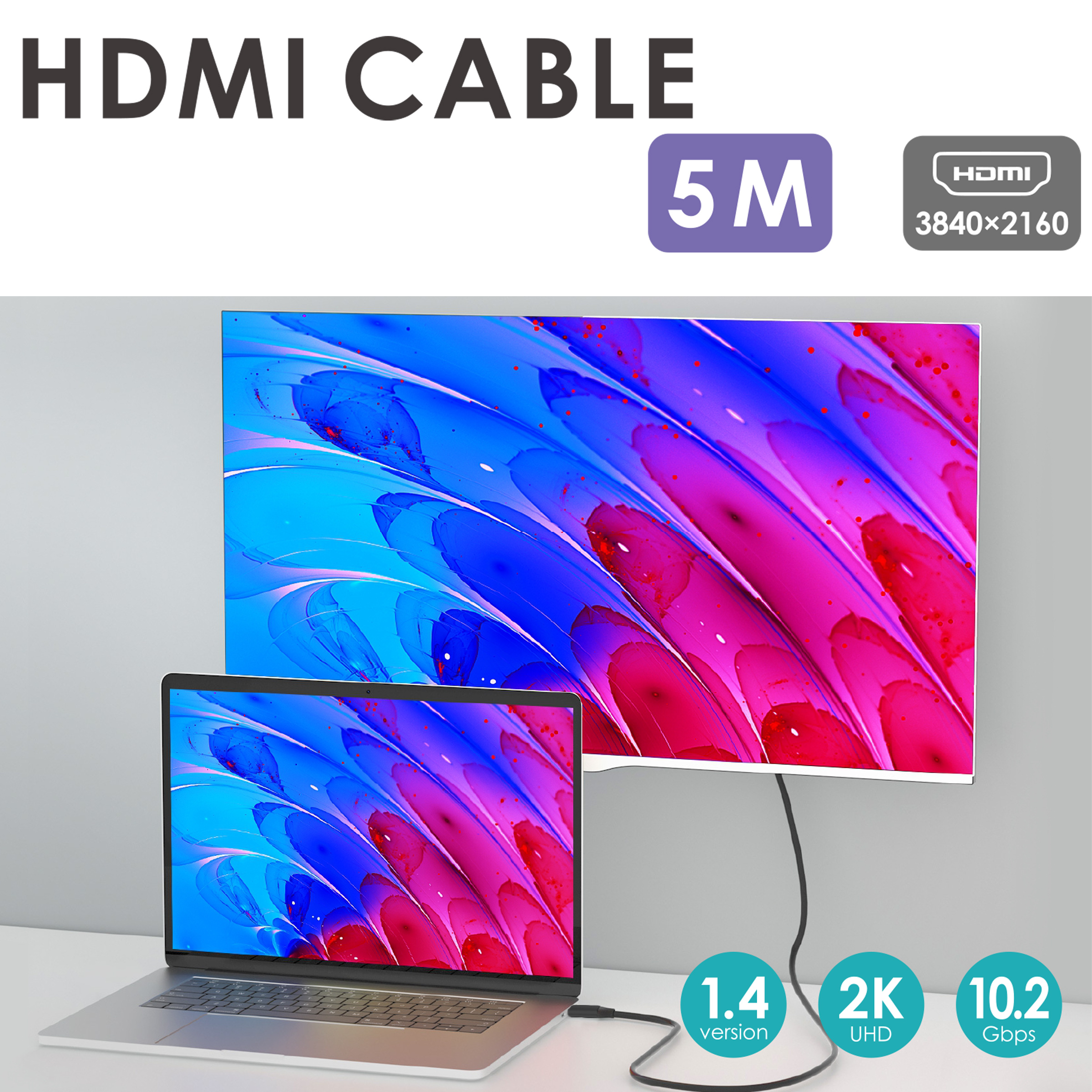 Un cable HDMI conecta una laptop a una pantalla que muestra arte abstracto colorido. Se muestran las especificaciones: 1.4, 2K, 10.2 Gbps.