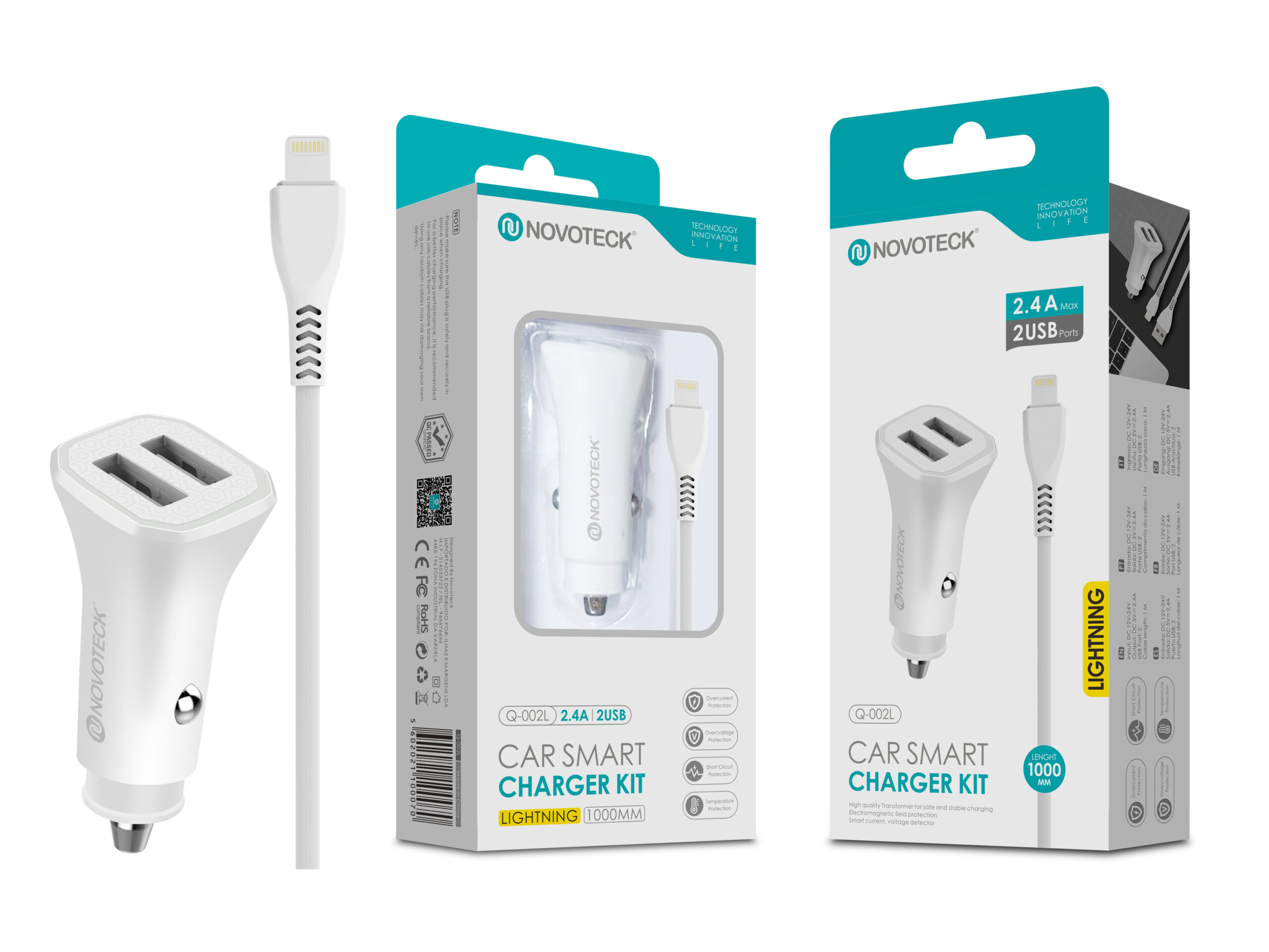 La imagen muestra un kit de cargador de coche con un cargador blanco, cable y embalaje. La marca es Novoteck.