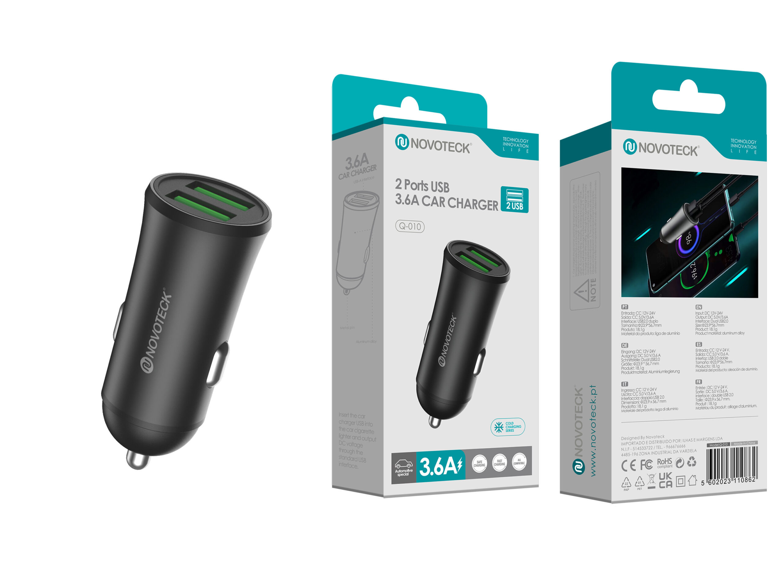 Un cargador de coche con dos puertos USB, negro, con interior iluminado en verde y embalaje del producto.
