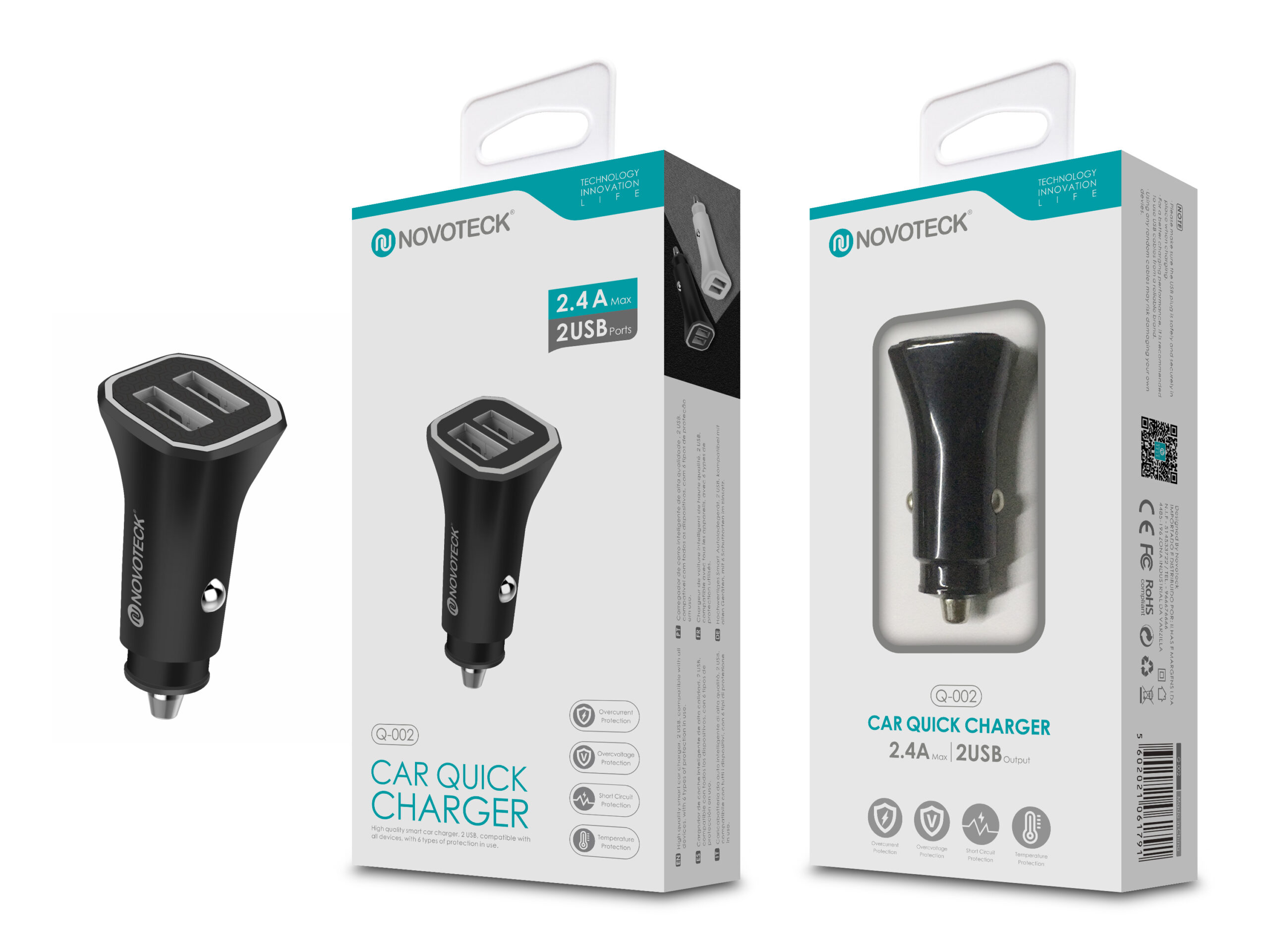 Un paquete de cargador para automóvil con un cargador negro y dos puertos USB. La marca es visible.