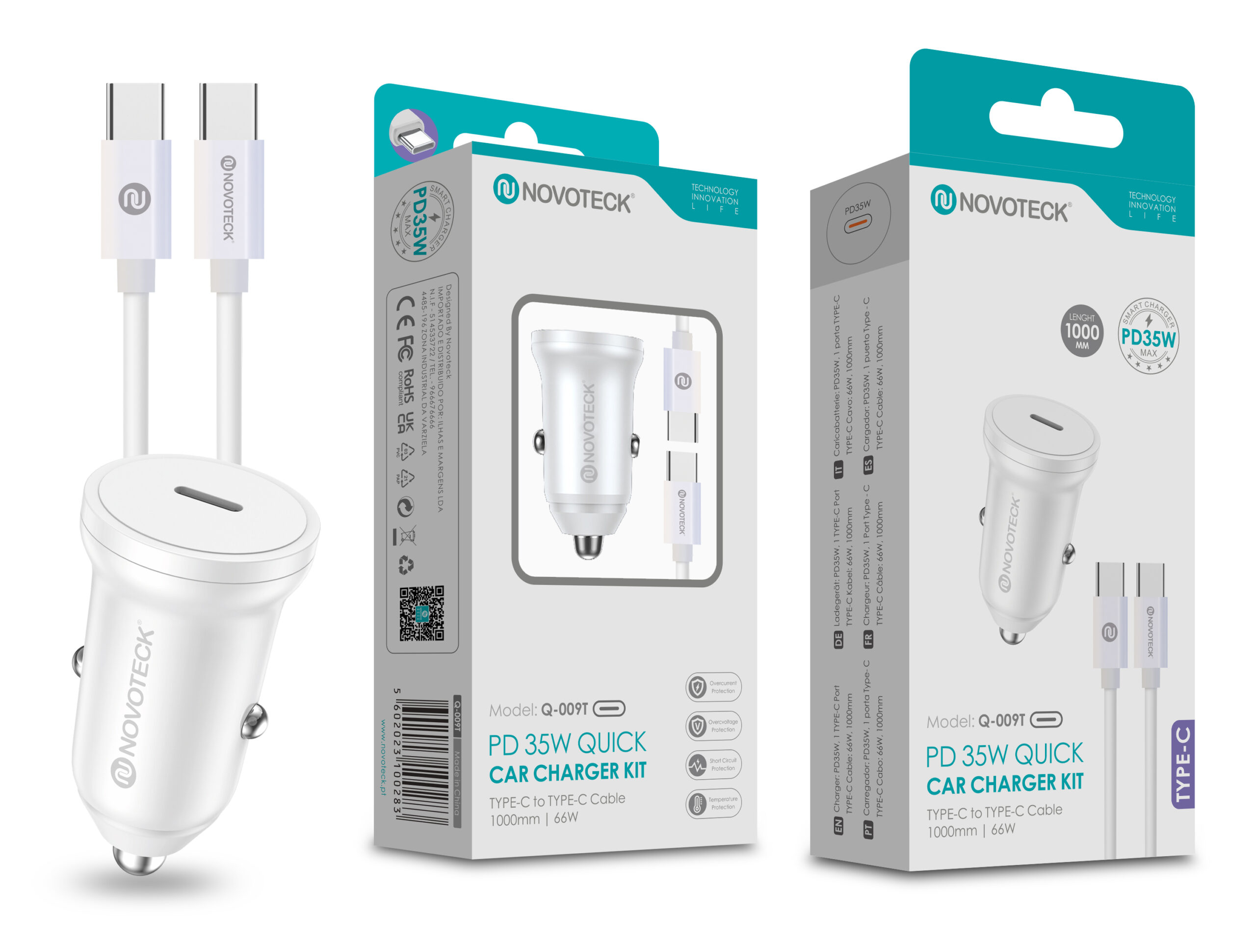 Un kit de cargador de coche blanco con un cable Tipo-C, etiquetado 'NOVOTECK'. El embalaje es blanco y verde azulado.
