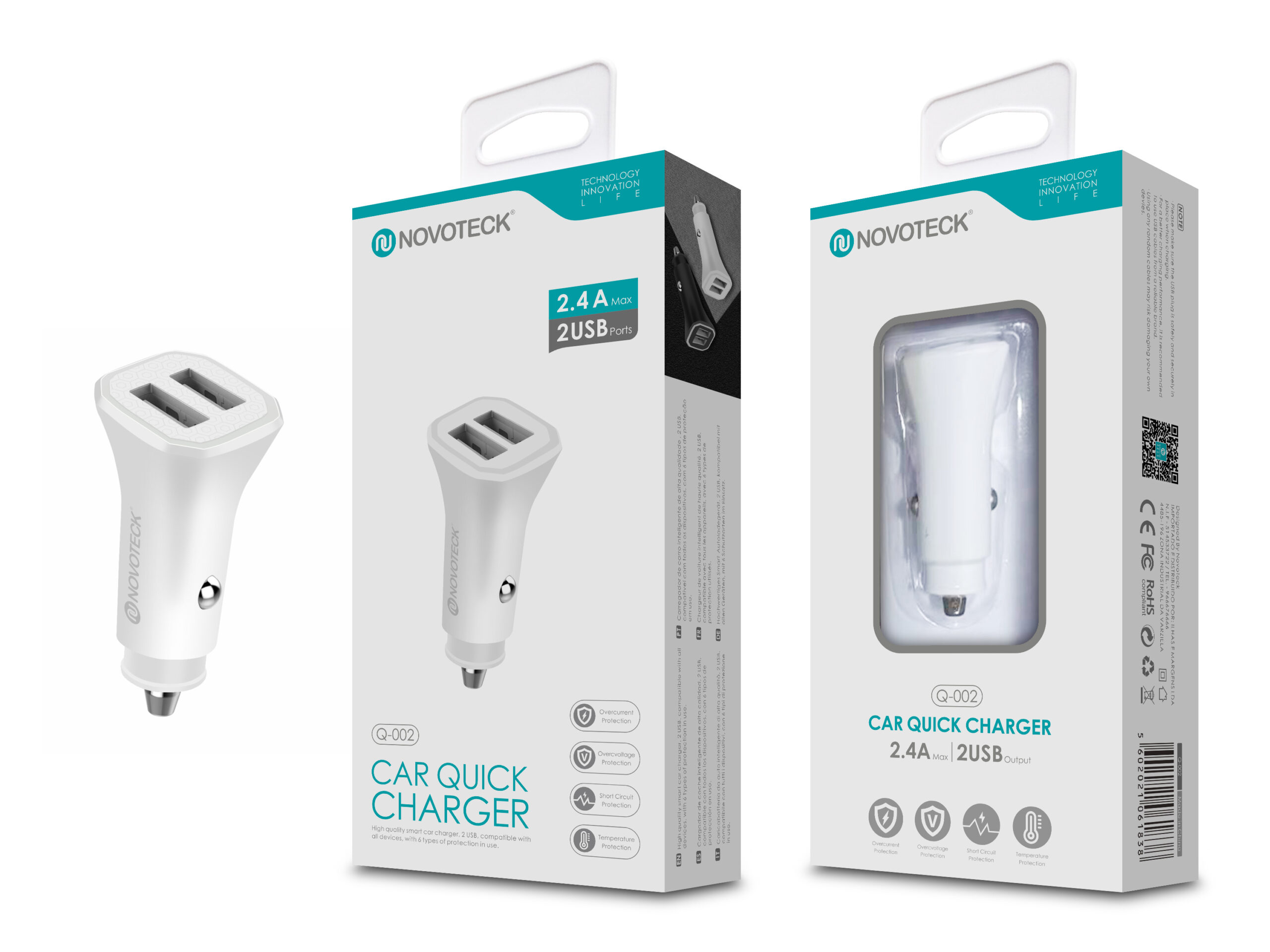 Cargador de coche blanco con dos puertos USB, en embalaje, con marca e información del producto.