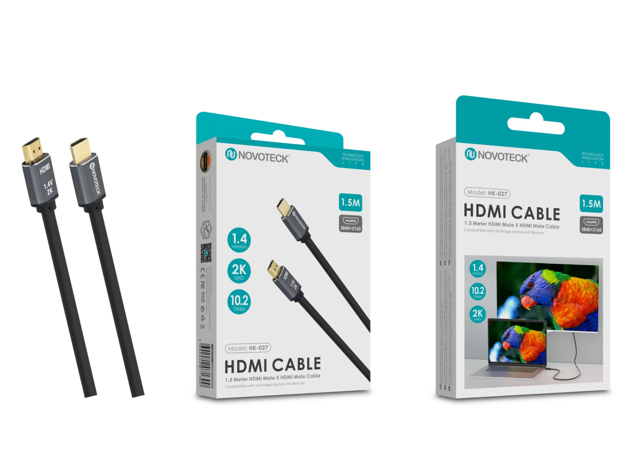 La imagen muestra dos cables HDMI y dos cajas de cables HDMI sobre un fondo blanco.