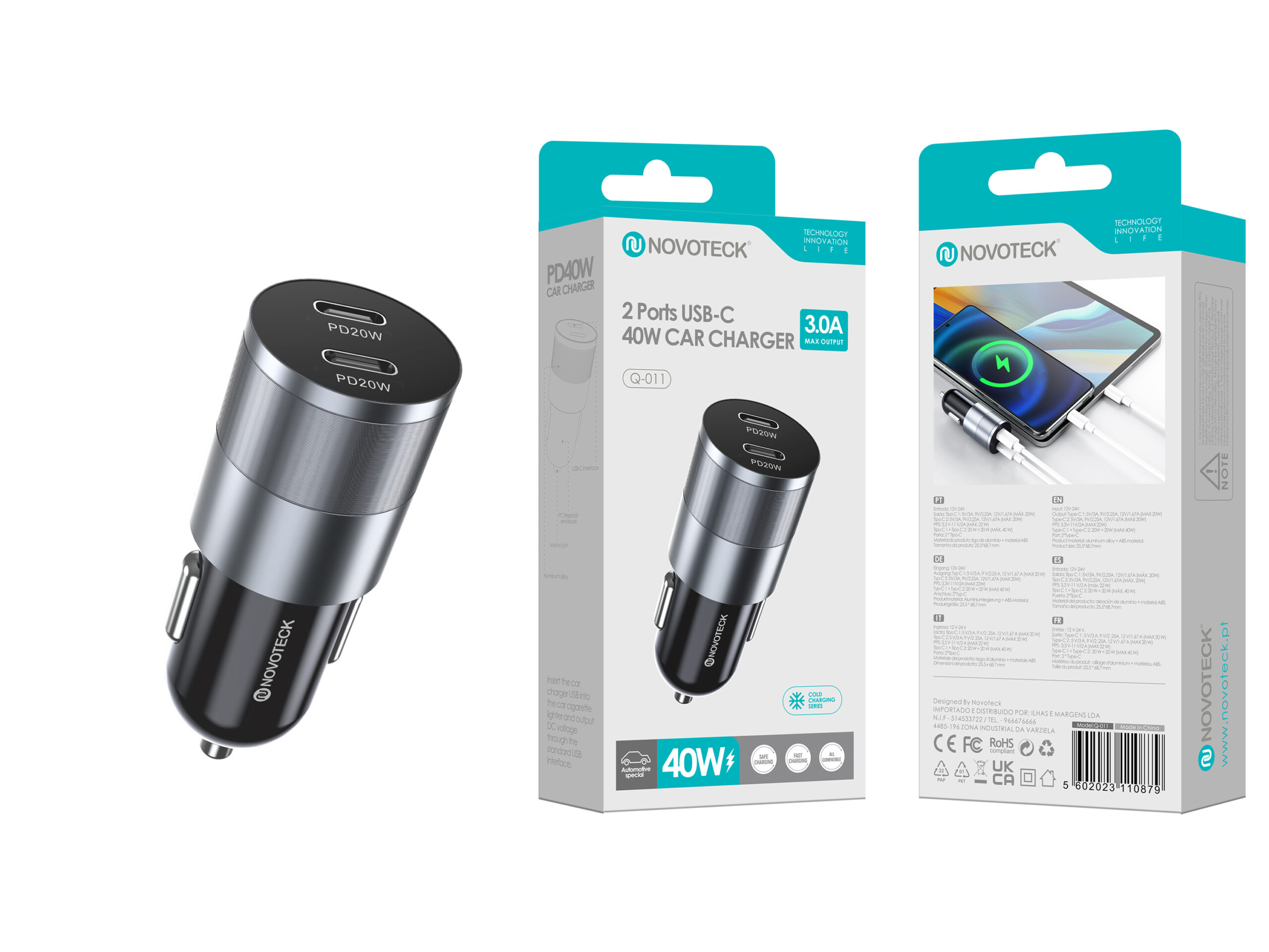 Cargador de coche con dos puertos USB-C, negro y plateado, con embalaje que muestra carga.