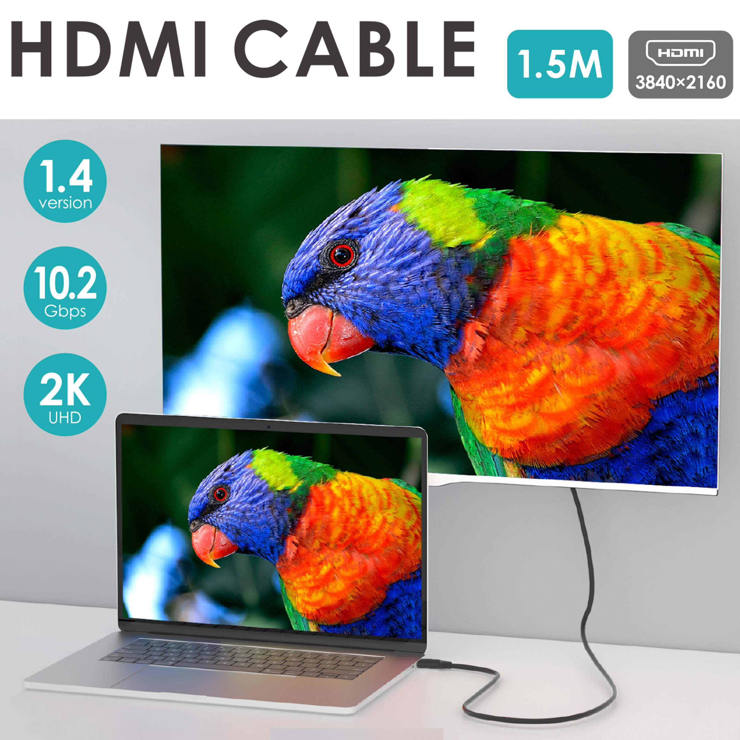 Un cable HDMI conecta una laptop a un televisor que muestra un loro colorido. El texto indica 2K UHD y especificaciones HDMI.