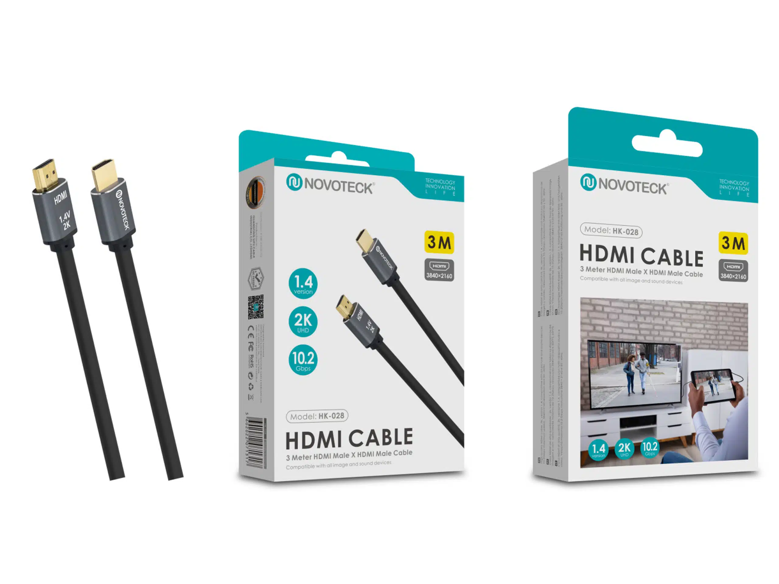 La imagen muestra dos cables HDMI, una caja del producto y otra caja con una persona sosteniendo una tableta.