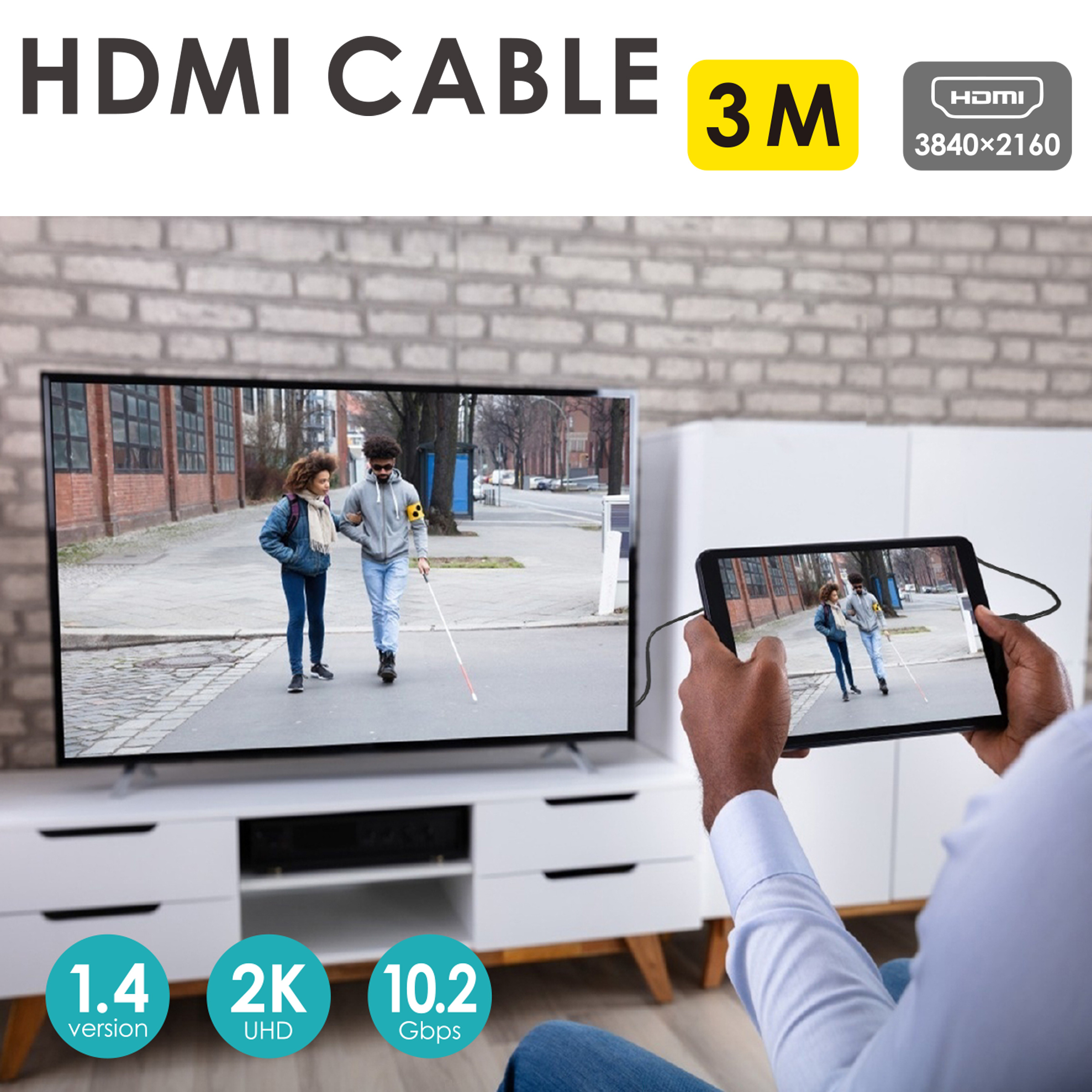 Un cable HDMI conecta una tableta que muestra a dos personas caminando, una usando un bastón, a un televisor. Las especificaciones se muestran abajo.