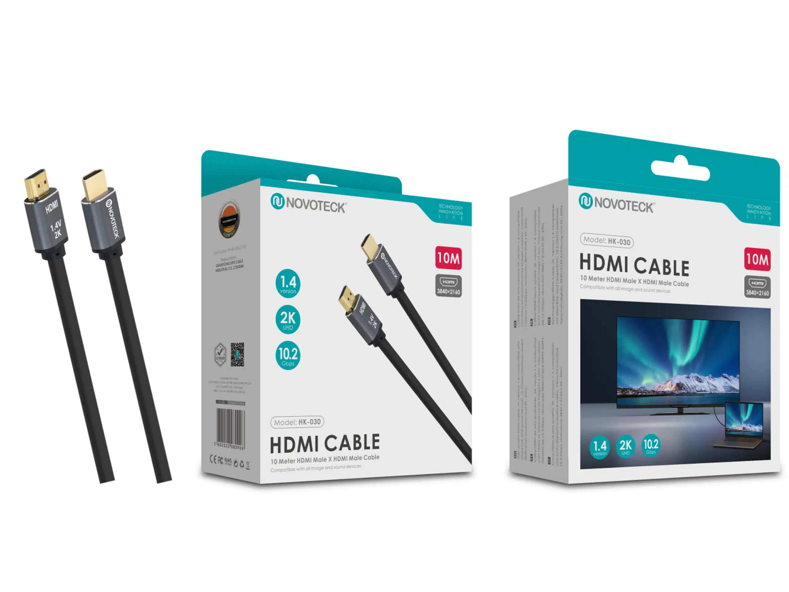 Se muestran tres cables HDMI y dos cajas de productos. Las cajas muestran detalles del producto y una imagen de TV.