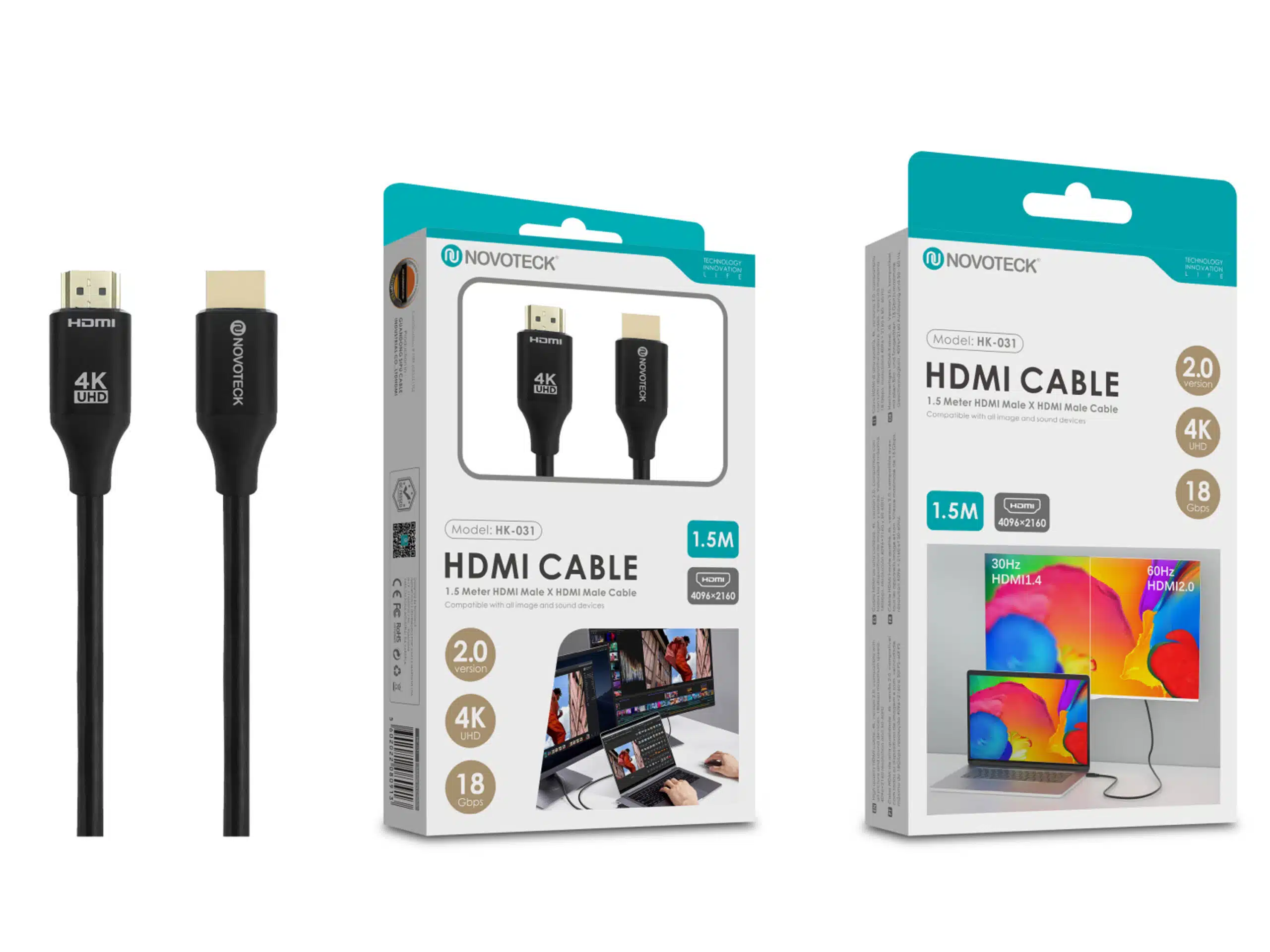 La imagen muestra cables HDMI y embalajes. Los embalajes muestran la marca Novoteck y características del producto como 4K UHD.