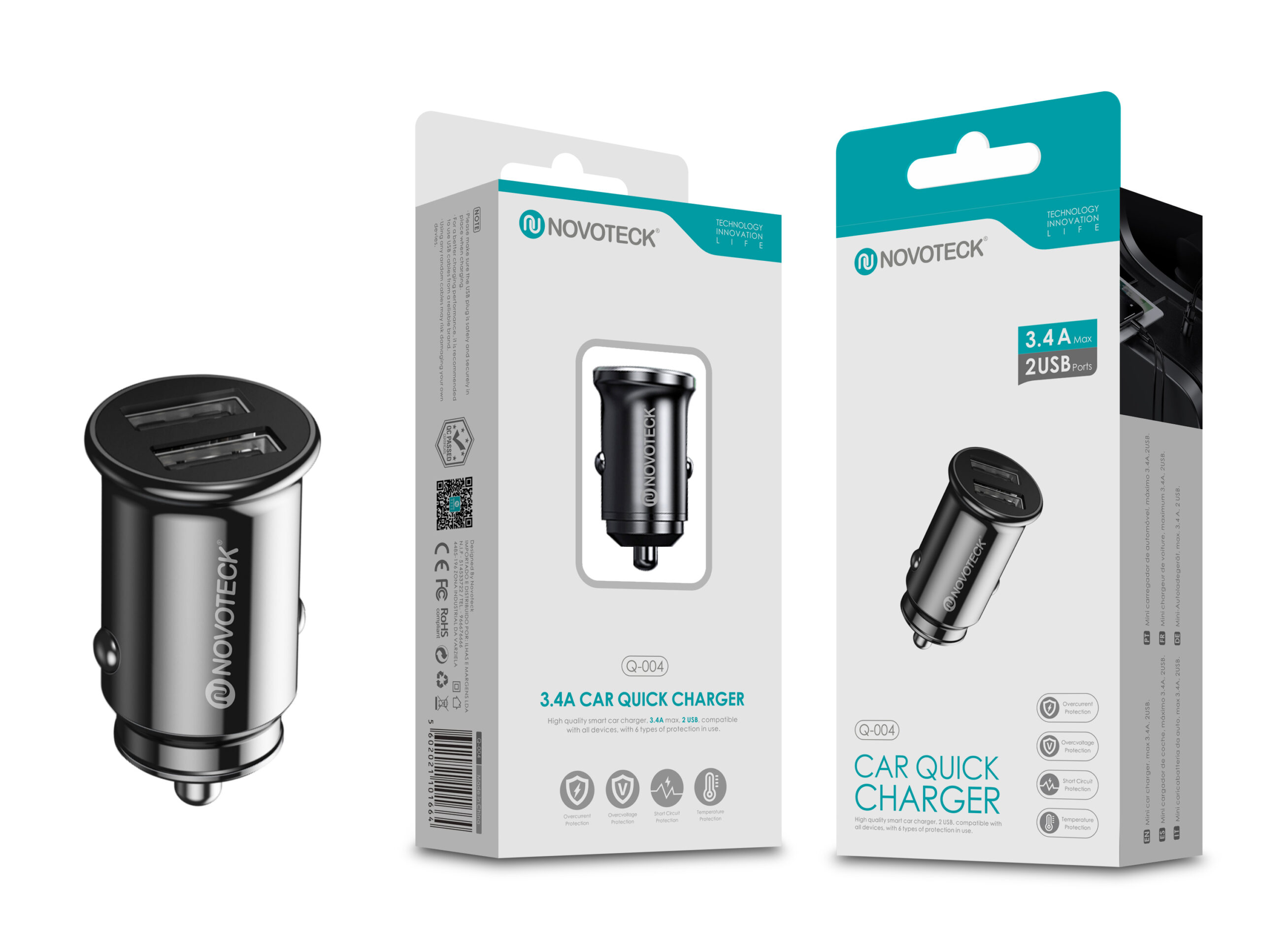 Caricabatterie rapido per auto con due porte USB e il marchio Novoteck su sfondo bianco.