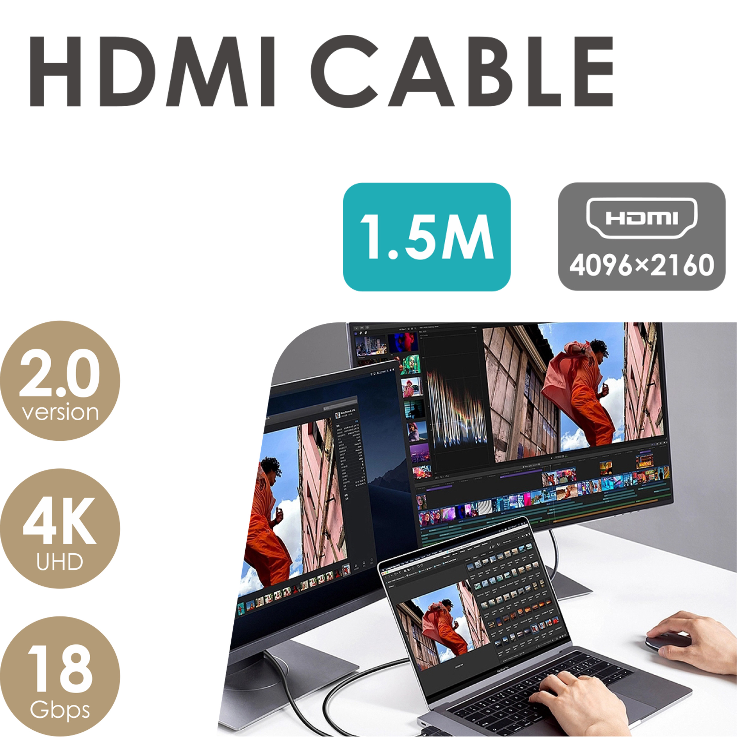 Un cable HDMI conecta una laptop y un monitor. Las pantallas tienen software de edición de video abierto. Iconos indican 4K, 2.0, 18 Gbps.