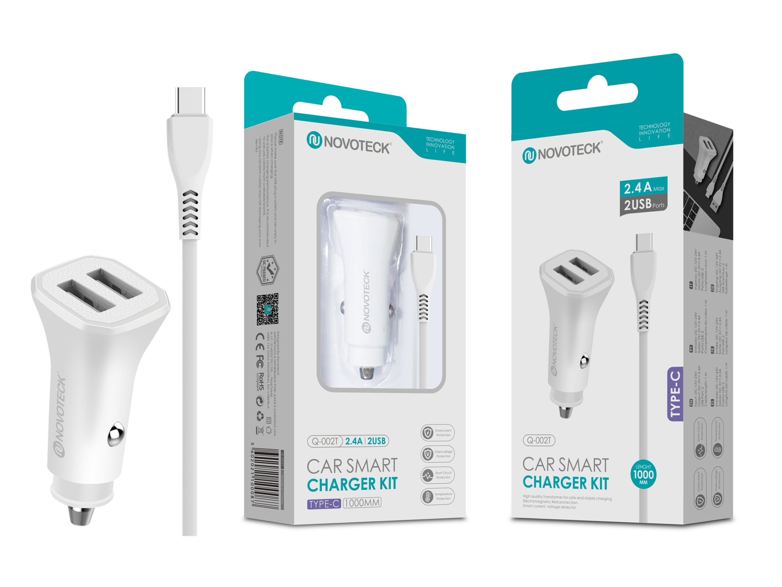 Tres kits de cargador para coche. Cada uno tiene un cargador y cable blancos, con la marca Novoteck.