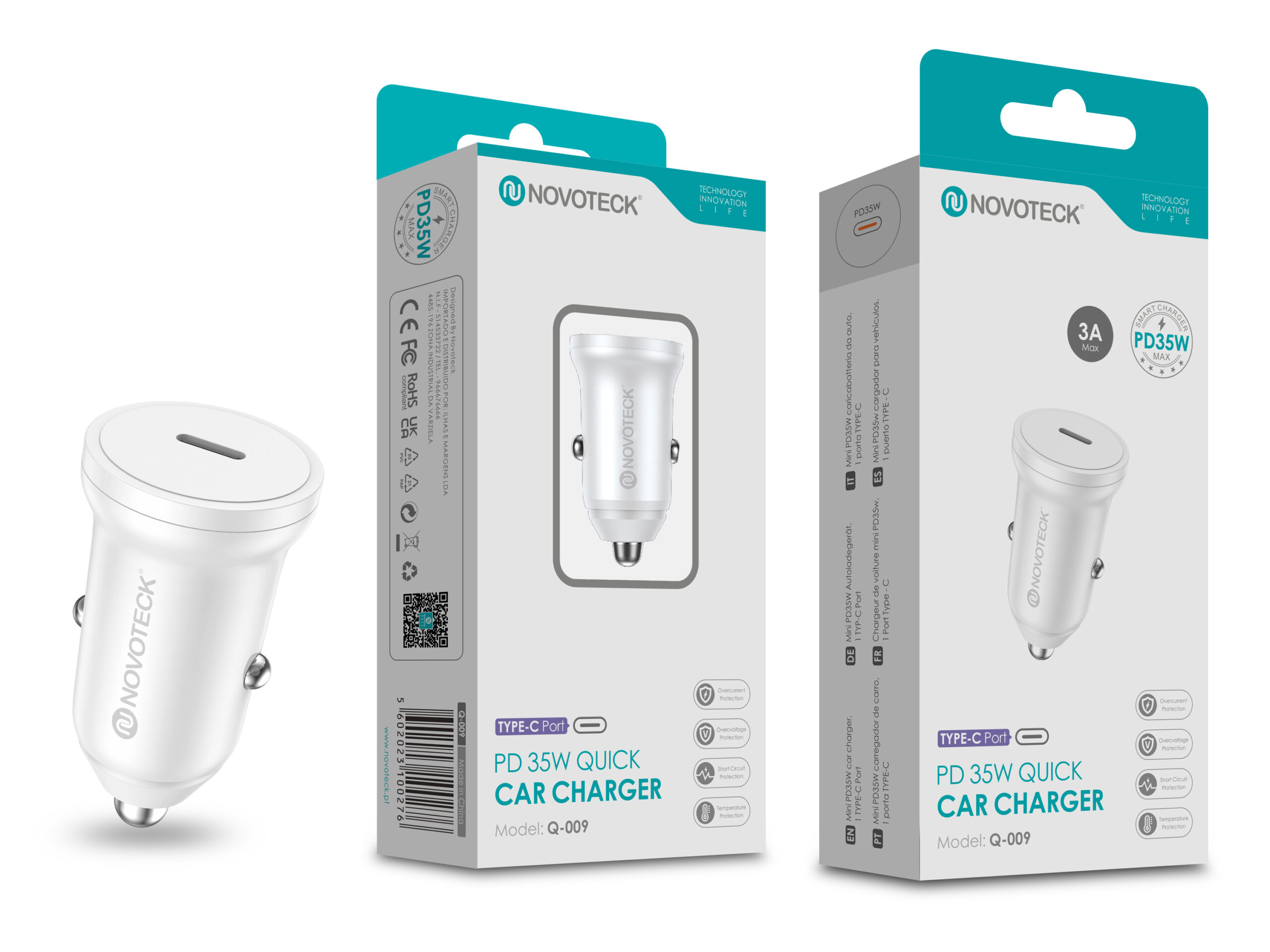 Cargador de coche blanco en caja blanca y verde azulado. Texto: PD35W Quick Car Charger, Novoteck.