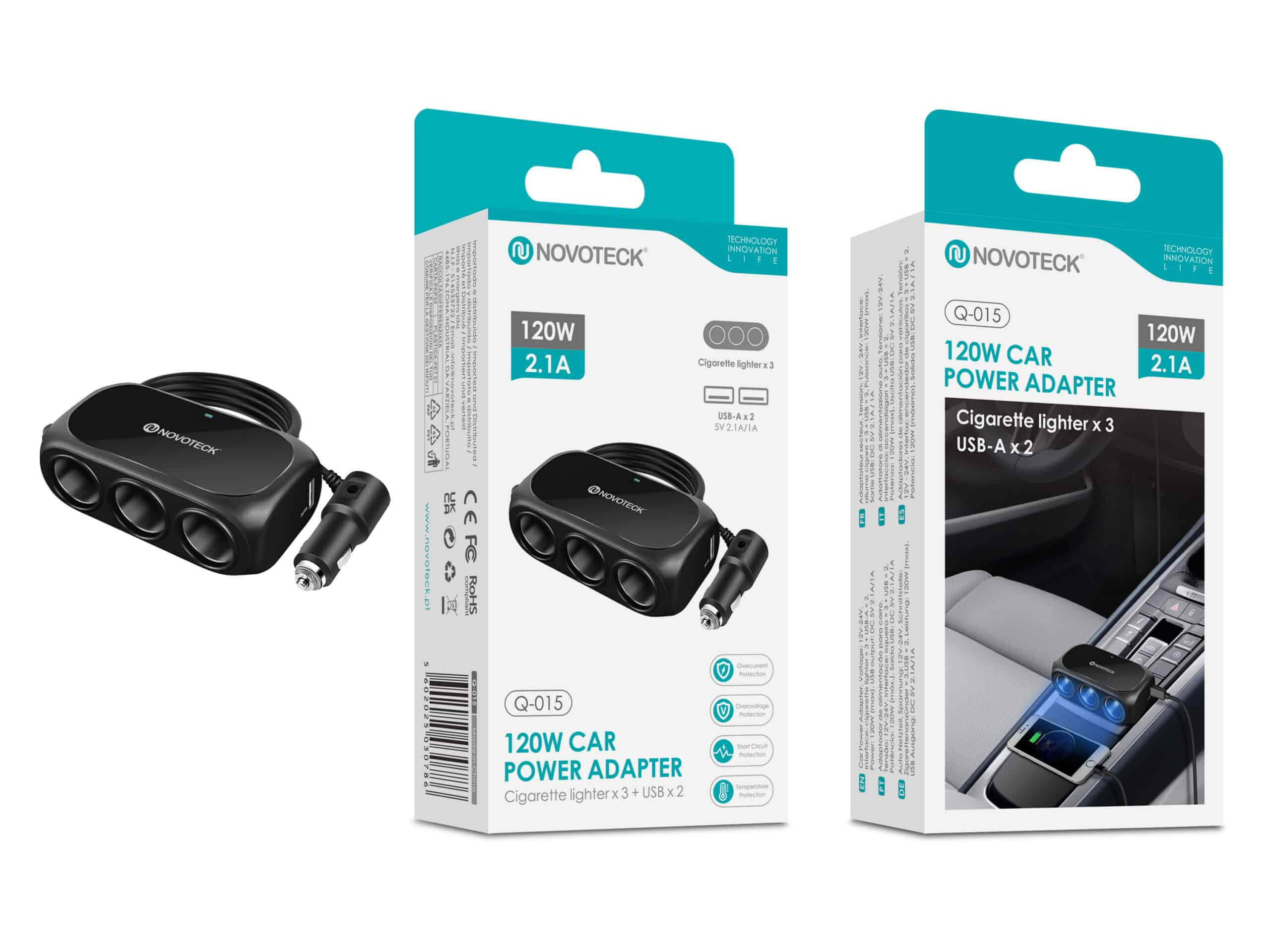 Un adaptador de corriente para automóvil con tres puertos para encendedor de cigarrillos y dos USB, con embalaje.