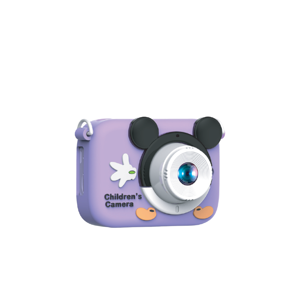 Mickey Mouse şeklinde mor bir çocuk kamerası. Beyaz bir merceği, siyah kulakları ve beyaz bir el grafiği vardır.