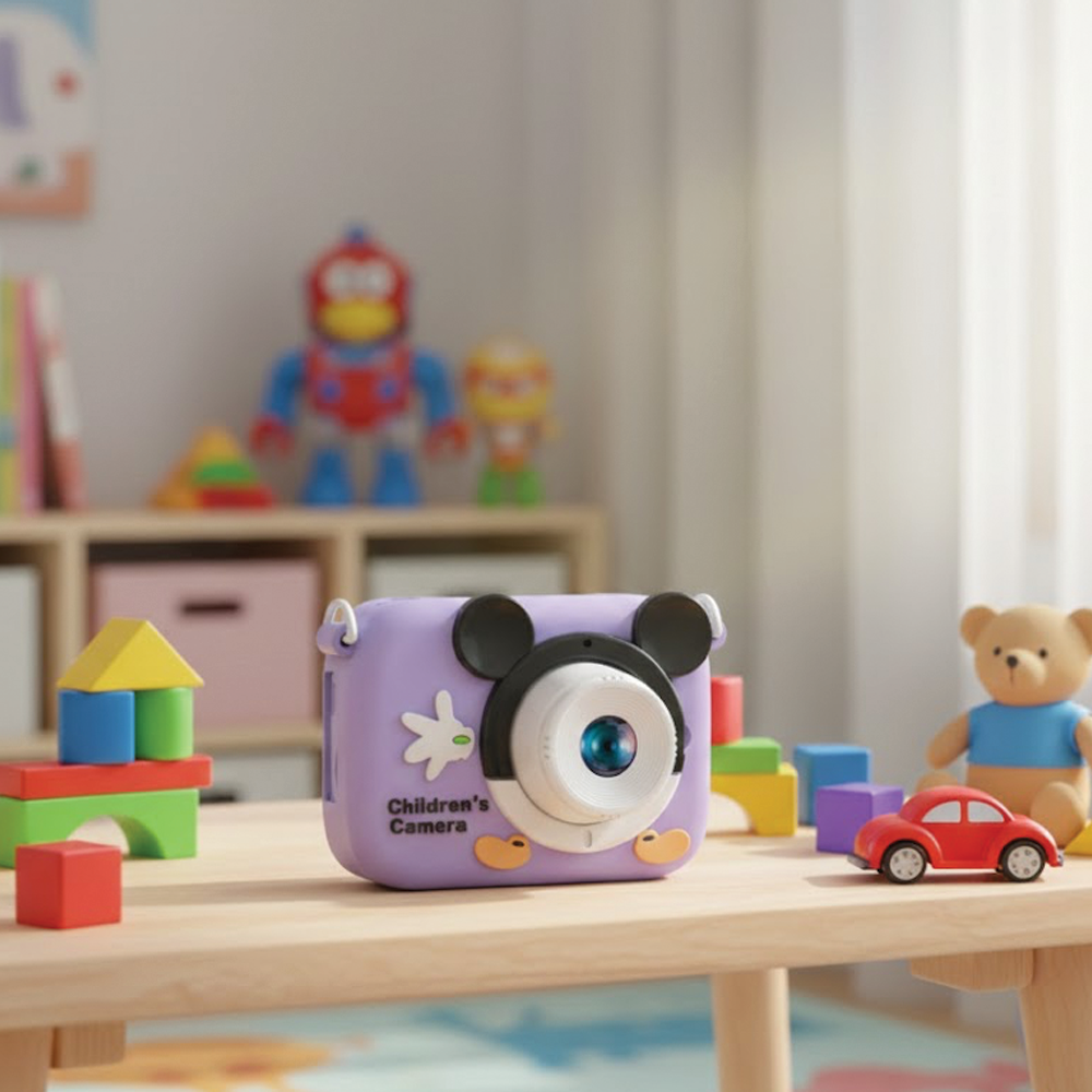 Mickey Mouse şeklinde mor bir çocuk kamerası. Araba, oyuncak ayı ve bloklar dahil olmak üzere oyuncaklar ahşap bir masada.
