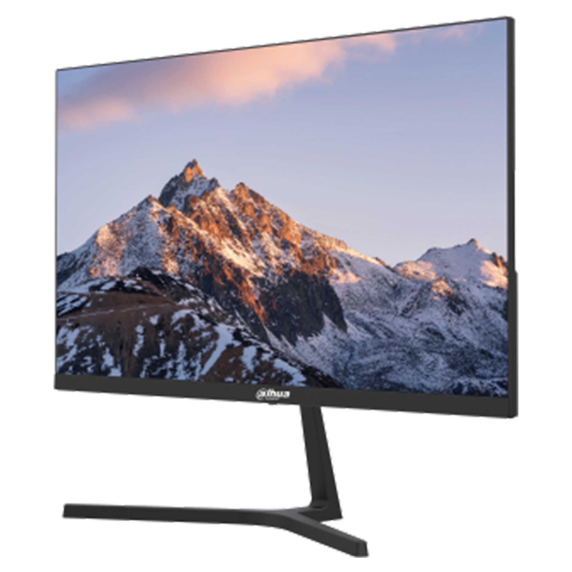 Un monitor di computer mostra una scena di montagna con neve. Il monitor ha un supporto nero. Il cielo è blu e rosa.
