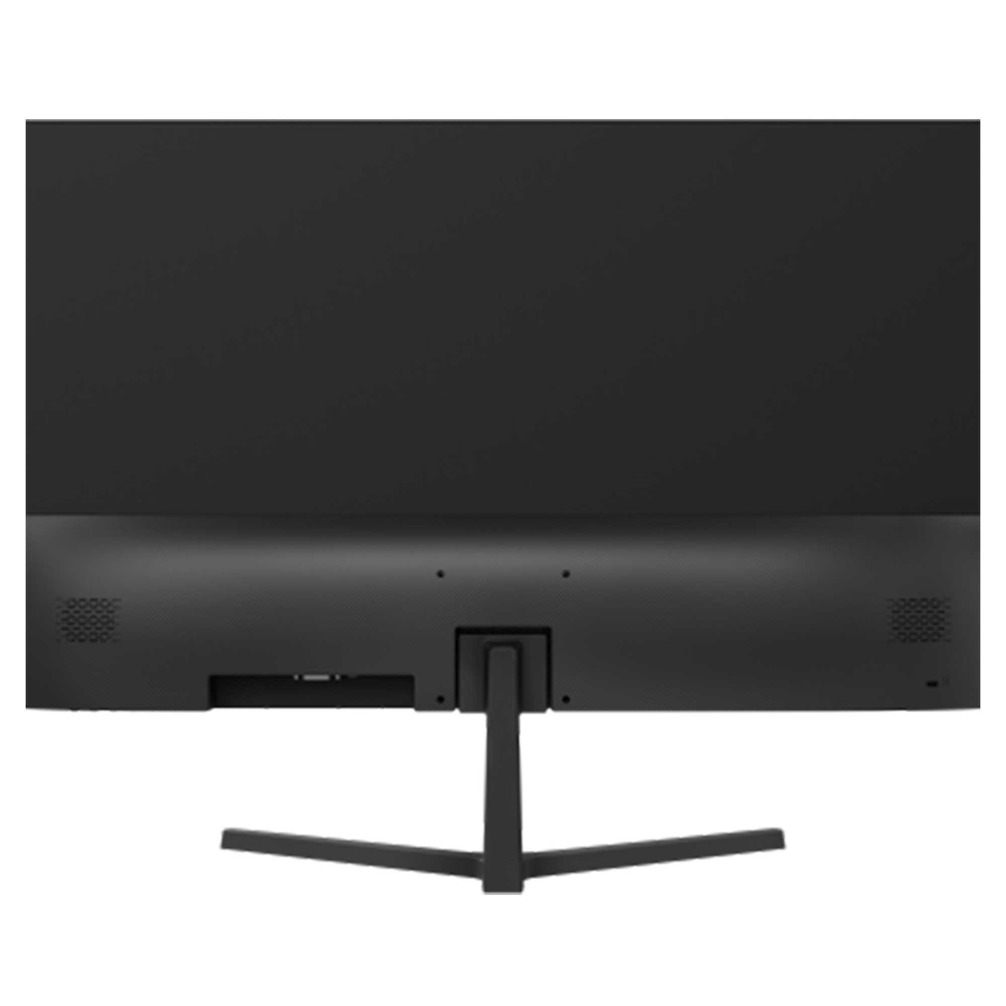 Vista posteriore di un monitor nero su un supporto, con porte e prese d'aria, il supporto ha una base a Y.