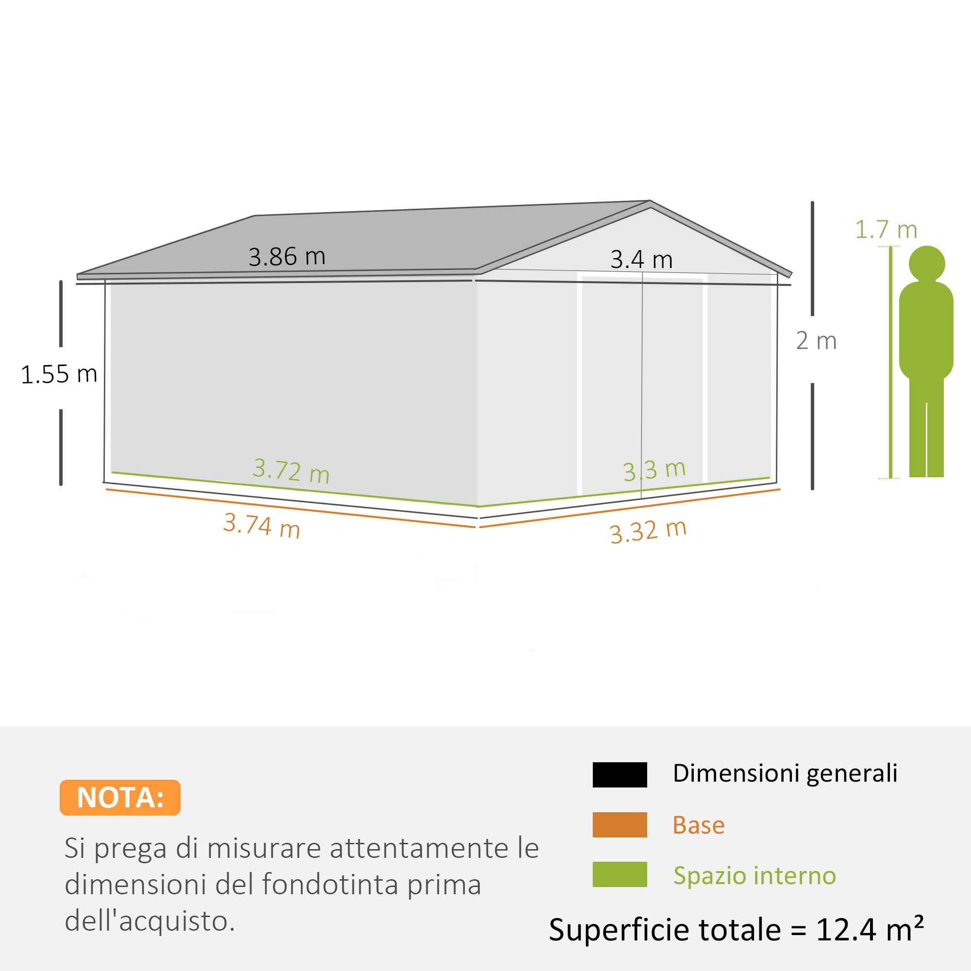Diagramma di un capannone con dimensioni in metri, un'icona di persona e testo sulla misurazione della base prima dell'acquisto.