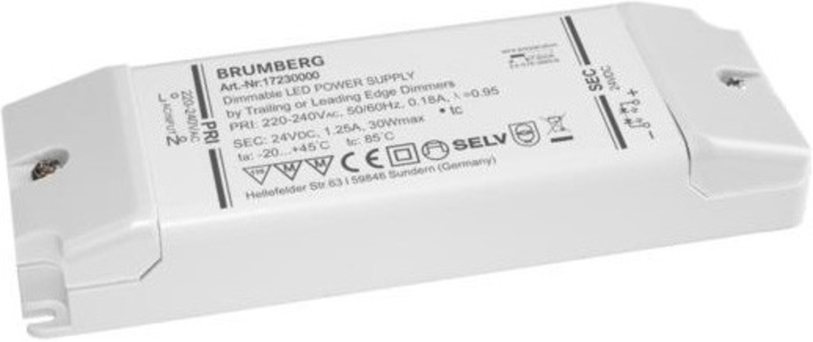 Un alimentatore LED bianco con testo nero. Riporta il marchio BRUMBERG e le specifiche tecniche stampate.