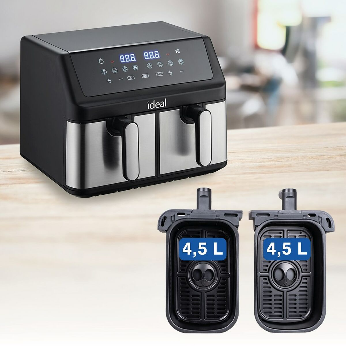 Frytownica beztłuszczowa z dwoma komorami, wyświetlaczem cyfrowym i dwiema wyjmowanymi tacami 4,5 L. Frytownica jest czarna i srebrna.