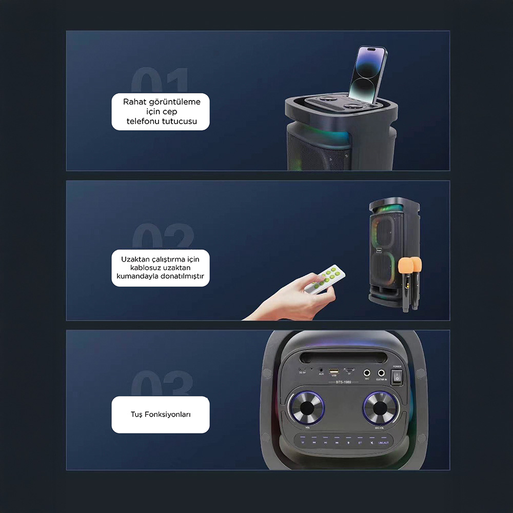TORIMA BTS-1989 Rgb Işıklı Karaoke Mikrofonlu Kumandalı Bluetooth