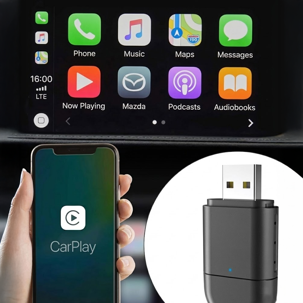 CarPlay arayüzü telefon ve araç ekranında, USB adaptör ile.