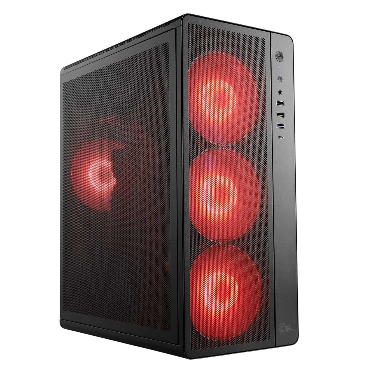 Schwarzes Computergehäuse mit rot beleuchteten Lüftern. Die Front hat ein Gitter. An der Seite befinden sich Strom- und USB-Anschlüsse.
