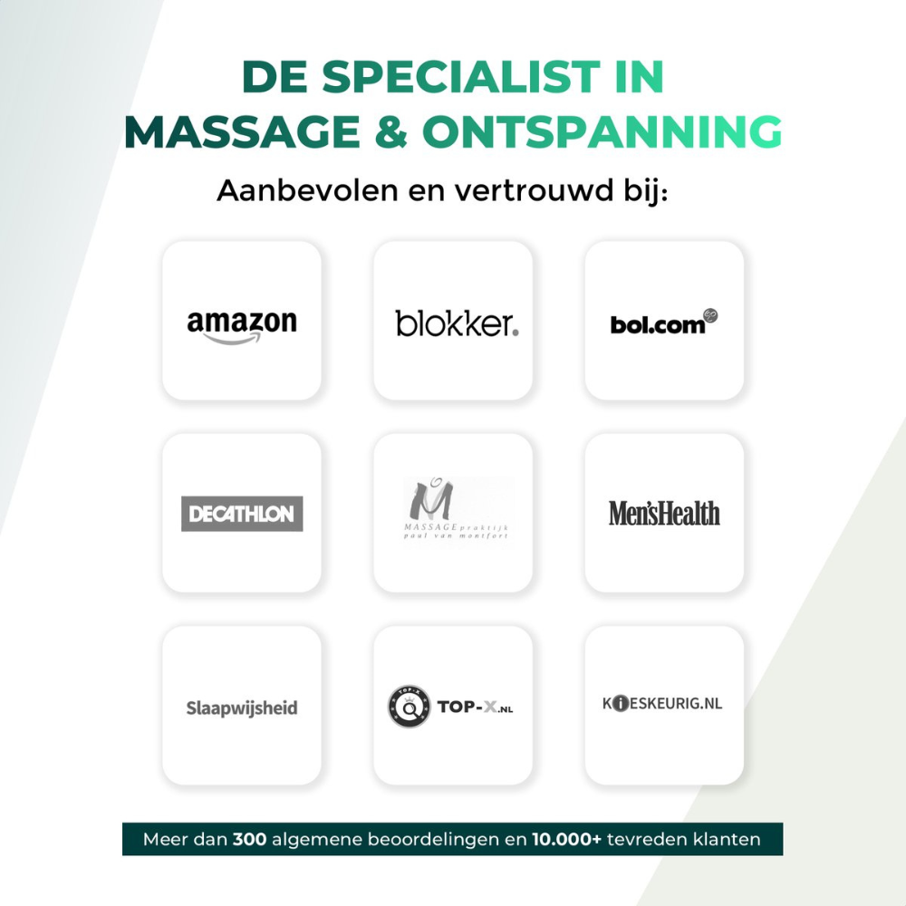 The image shows logos of brands like Amazon, Blokker, and Bol.com, with text promoting massage and relaxation services.