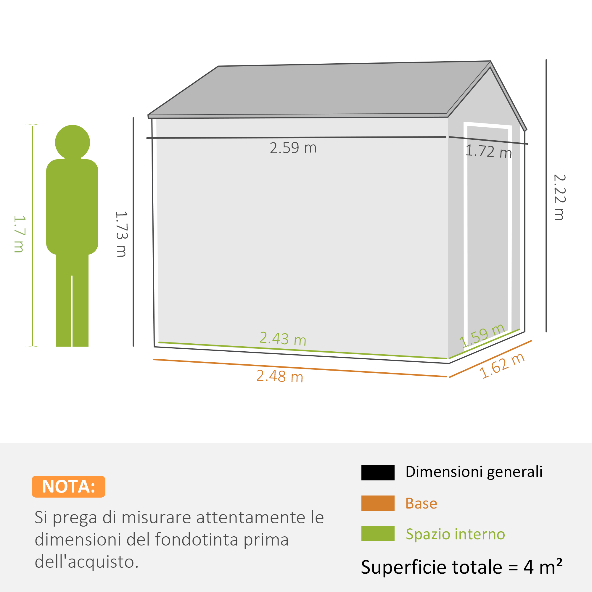 Schema di un capanno con dimensioni in metri. Una figura verde a sinistra. Testo in italiano.