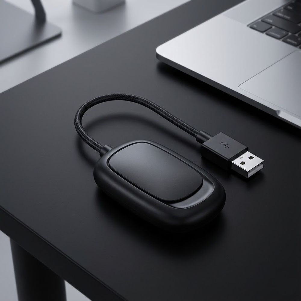 Kavisli bir kabloya sahip siyah bir USB cihazı, bir USB portuna bağlı. Bir dizüstü bilgisayar, siyah bir masanın üzerinde arka planda.