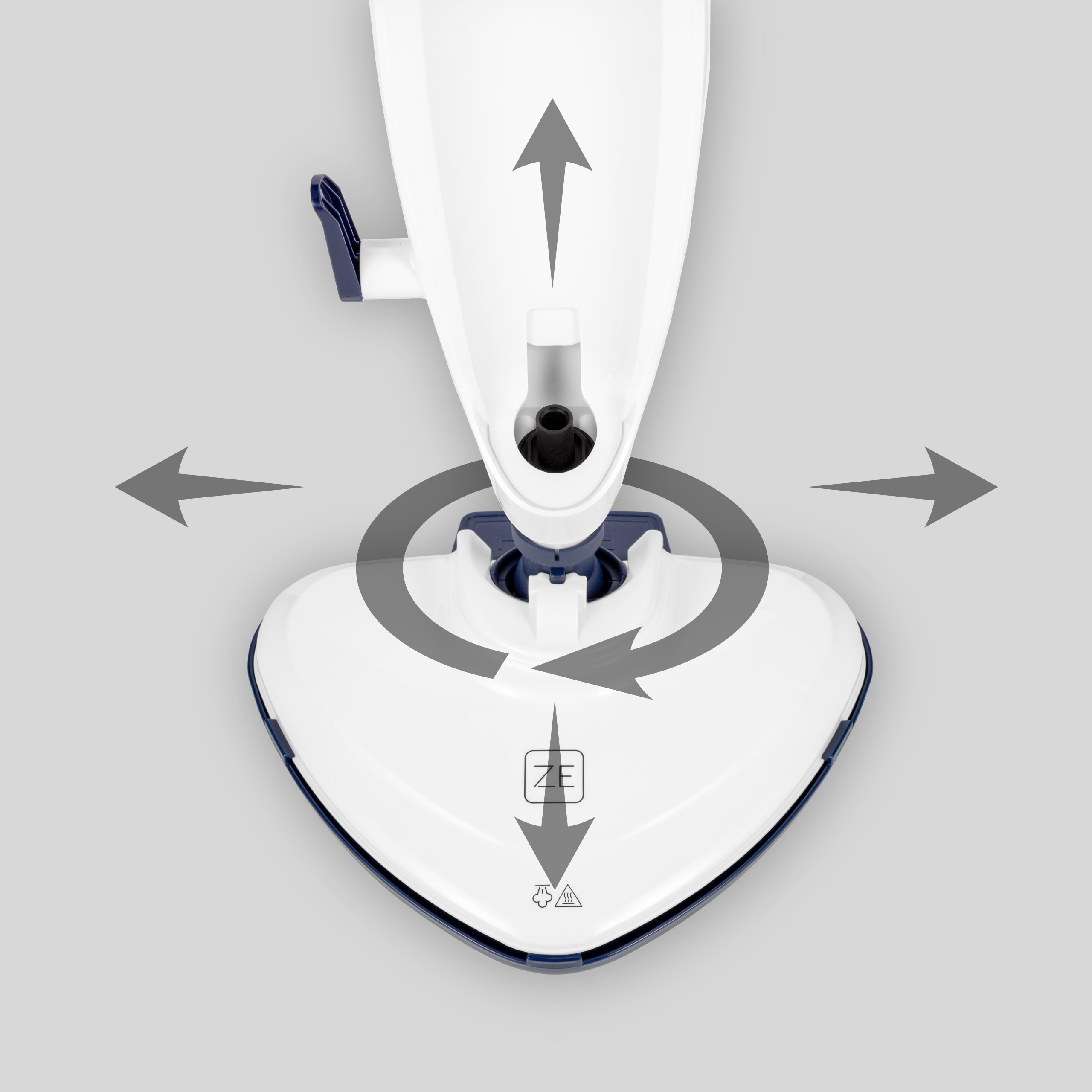 Biały mop parowy z szarymi strzałkami wskazującymi ruch. Niebieskie akcenty widoczne na głowicy mopa. Tło jest szare.