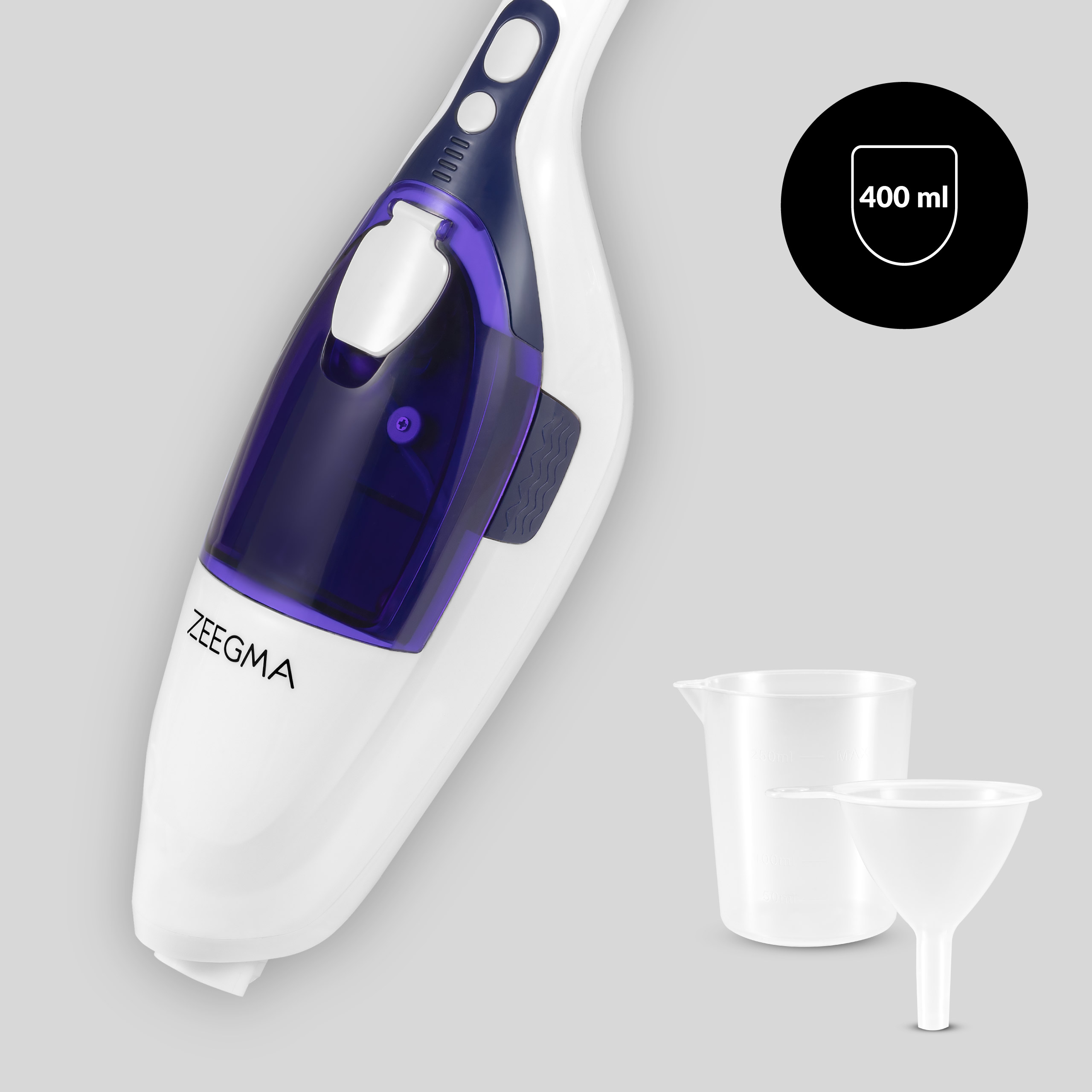 Biało-niebieski odkurzacz parowy Zeegma z akcesoriami, w tym miarką i lejkiem, na szarym tle.
